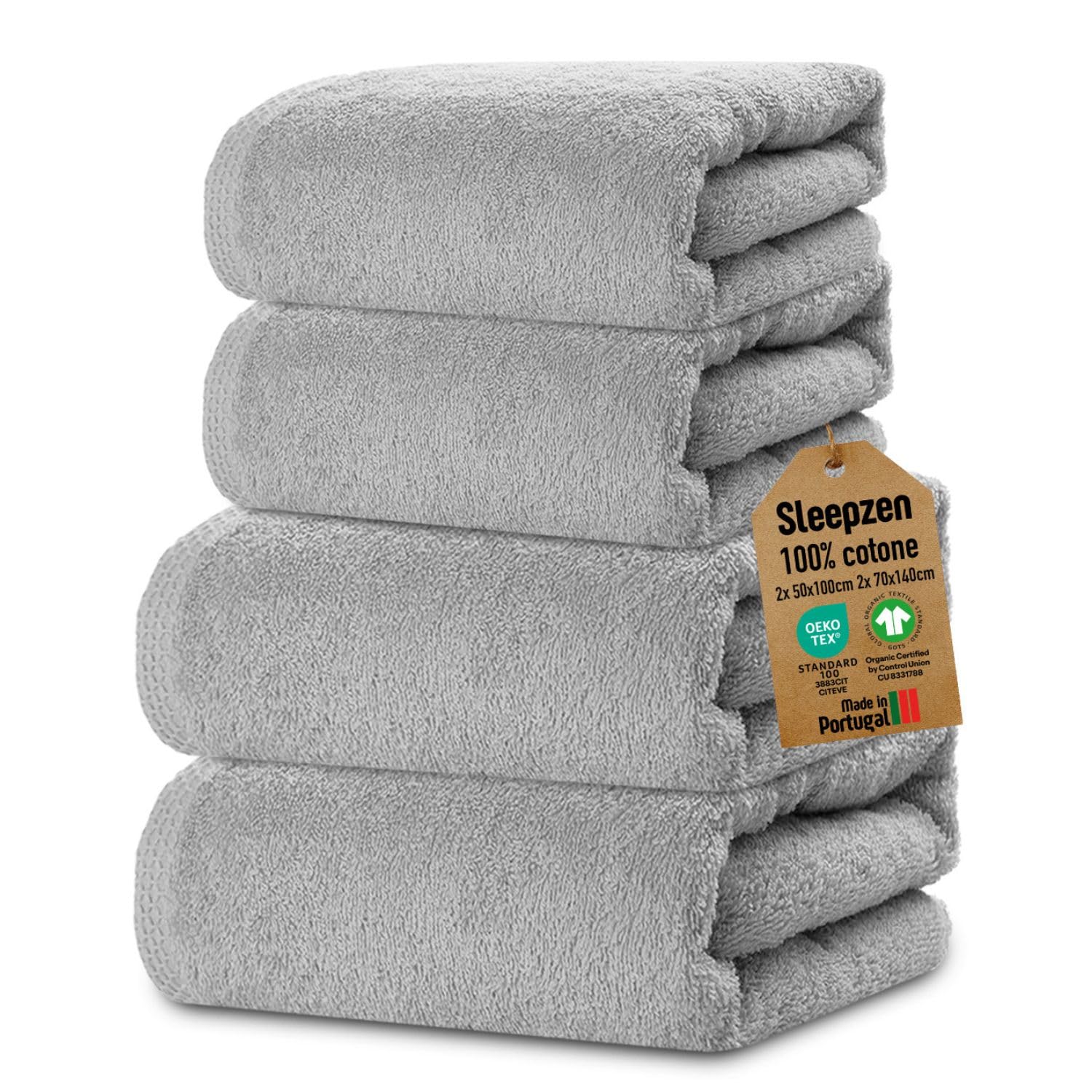 SLEEPZEN - Set di Asciugamani da Bagno (2x 50x100 + 2x 70x140 - Grigio Perla) Cotone Biologico GOTS - 500 GSM - Ultra Assorbenti - Morbidissimi - Prodotto in Portogallo - Certificato Oeko-Tex
