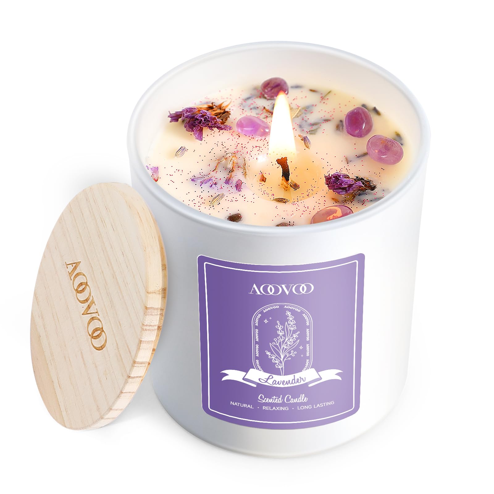 AOOVOO Lavender Scented Candles for Women - Aromatherapy Candle with Crystals Inside, 5oz Soy Candles for Home Scented, Birthday Gifts Christmas Candle for Women Mom