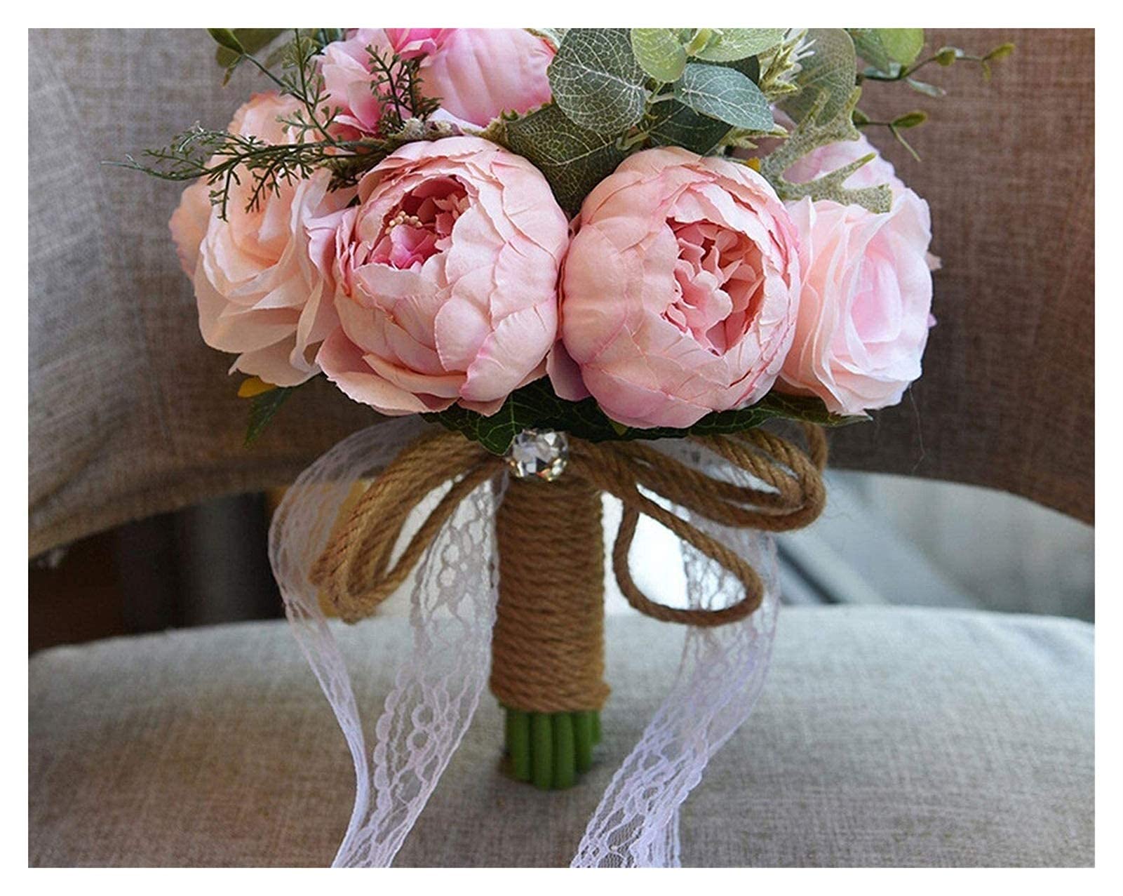 Bouquet da Sposa Romantico Fatto a Mano, Fiori Artificiali Color Champagne, Pizzo, Stile Rustico, per Contenere i Bouquet.