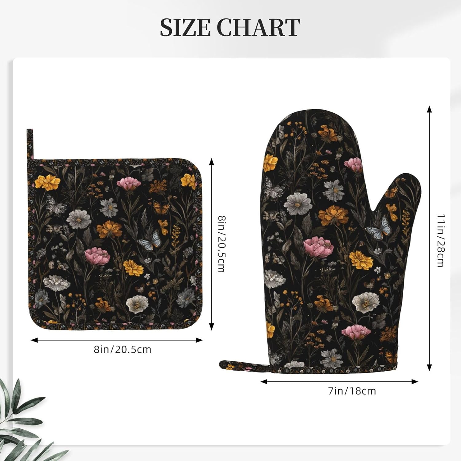 Oven Mitts and Pot Holders Flower Butterfly Boho Botanical Silicone Kitchen Accessories Set of 4 Heat Resistant Long Gloves Potholder Non-Slip Grip for Chef Baking Cooking Grilling BBQ