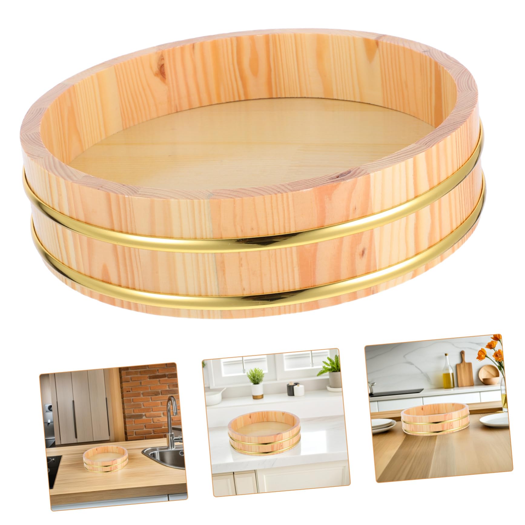TOYANDONA Traditionelle Sushi-Reis-Mischwanne Aus Holz Mit Elegantem Goldrand 10.43In Japanische Hangiri-Schüssel Für Sushi-Zubereitung Und Küchengebrauch