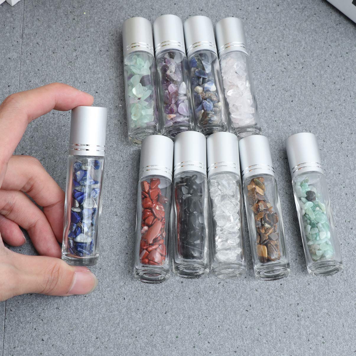 Chakra-Kristall-Rollerflaschen 10 Ml – Mit Tigeraugen-Steinen, Bambusdeckel, Pipette & Öffner, Für ätherische Öle