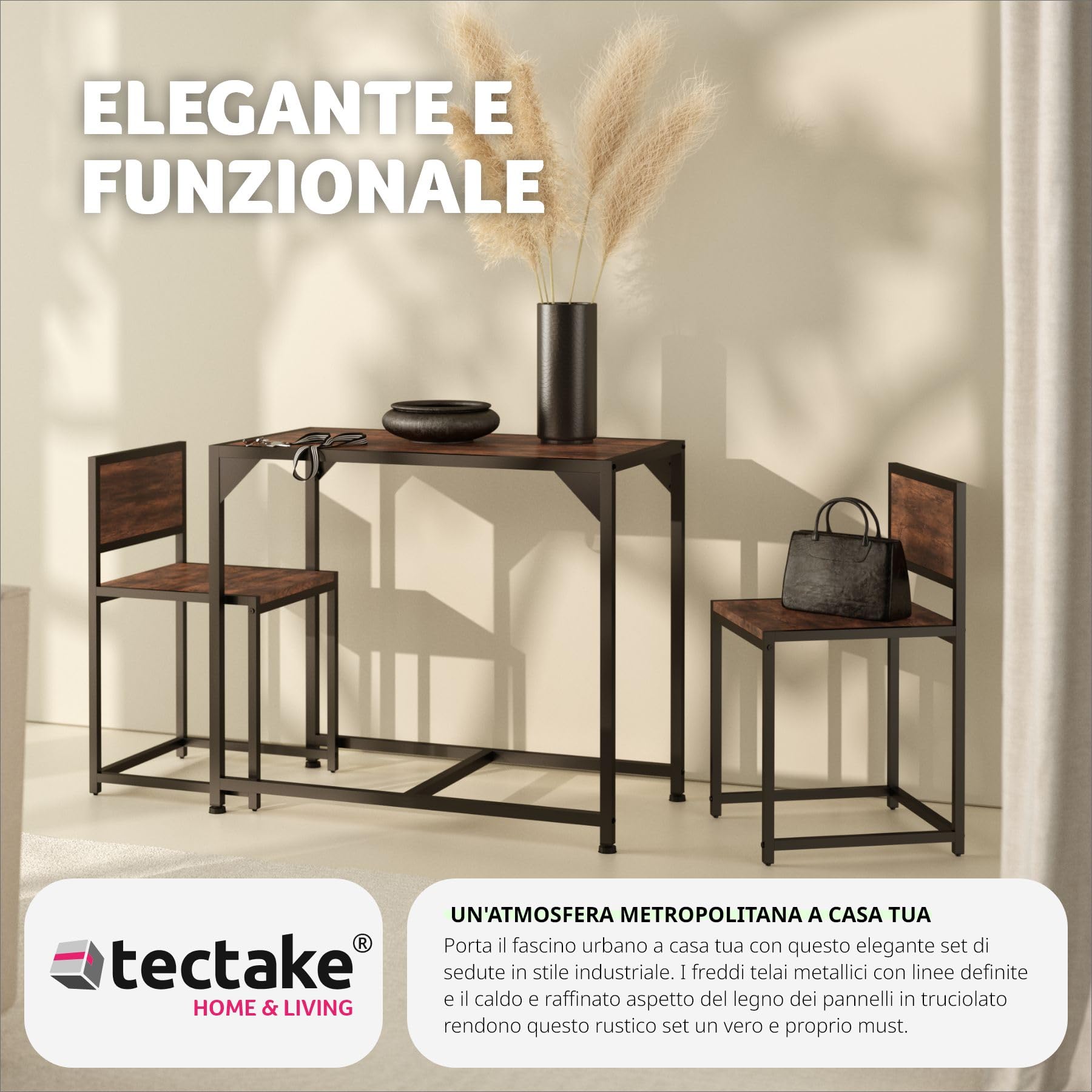 tectake 800975 Salottino Milton, Sedie con cappucci in plastica per non graffiare il pavimento, Tavolo con piedi in plastica regolabili in altezza (industriale scuro)
