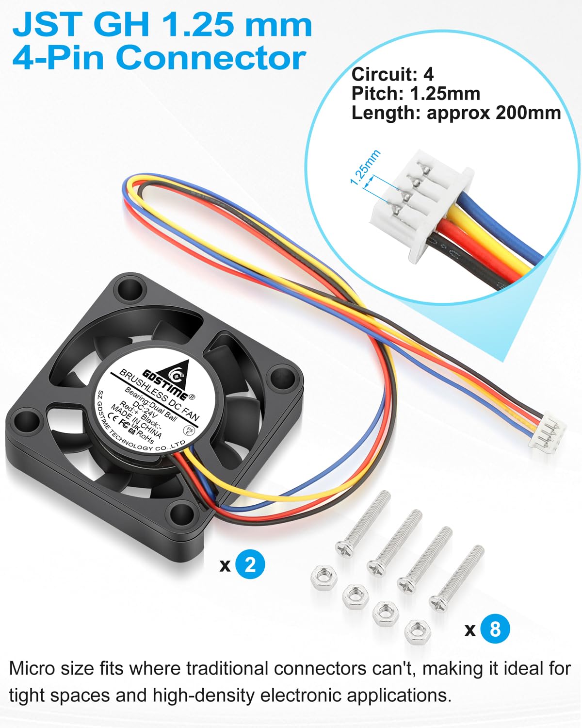 GDSTIME Lot de 2 ventilateurs dissipateurs thermiques Hotend 24 V 4010 - Connecteur PWM 1,25 mm - Double roulement à billes - Ventilateur CC sans balais - 40 mm - 40 x 40 x 10 mm - Remplacement pour