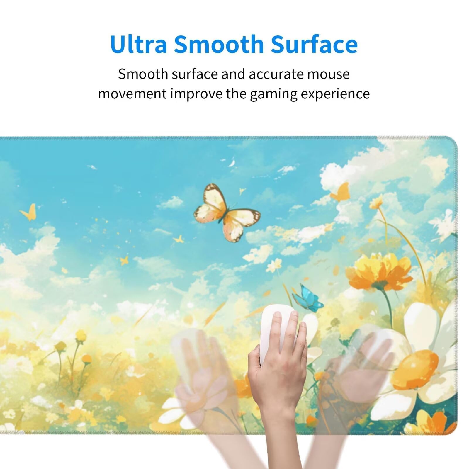 Gaming Mauspad XXL 1200x600x3mm Mousepad Verlängertes Groß Mauspad Schreibtischauflage, Genähte Kanten rutschfeste Gummibasis, Verbessert Präzision Geschwindigkeit Weißer Blumenschmetterling L-2684