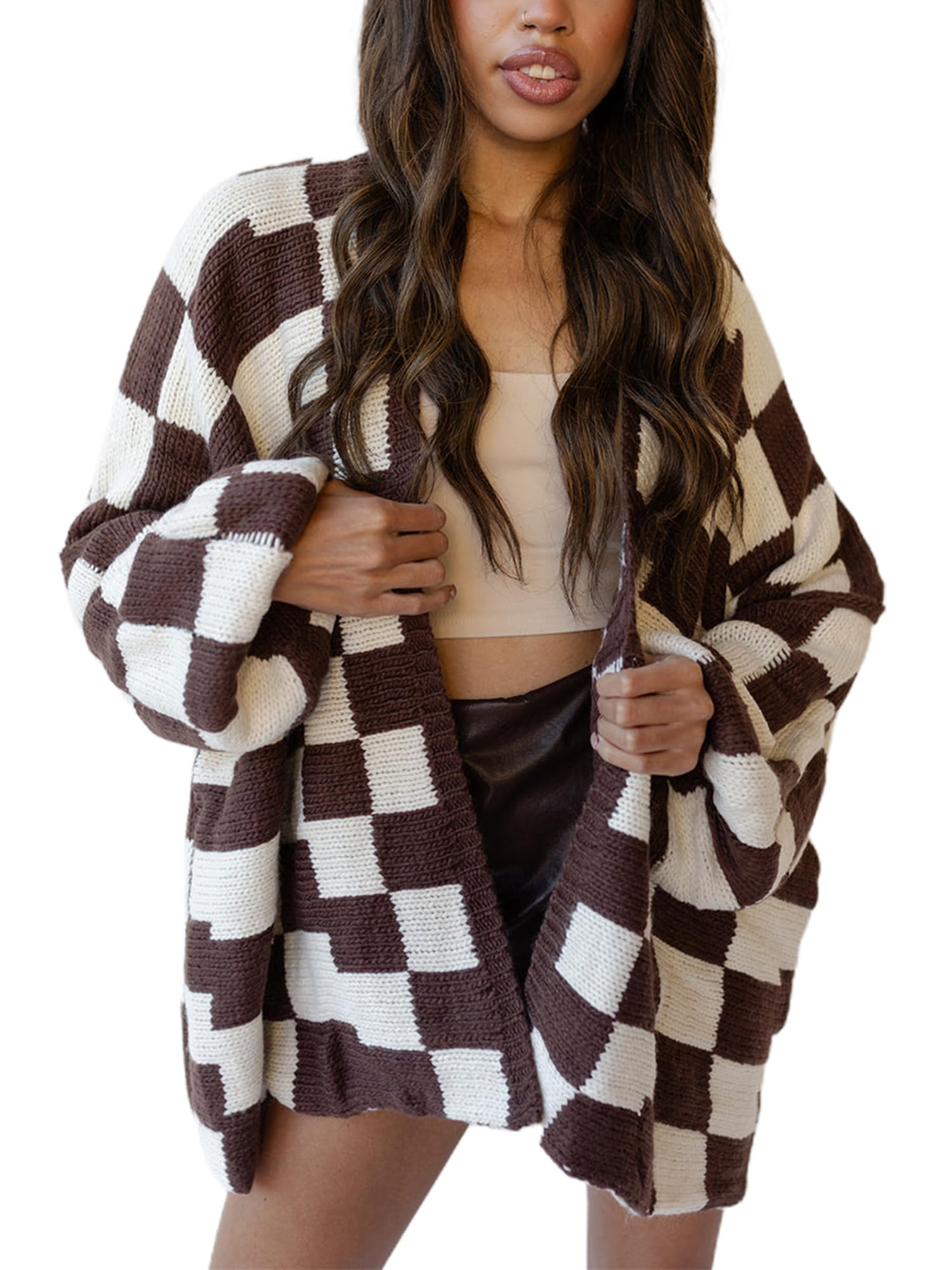 Women Plaid Print Sweater Cardigan Long Sleeve Open Front Chunky Knit Tops Loose Fall Winter Casual Checkered Knitwear