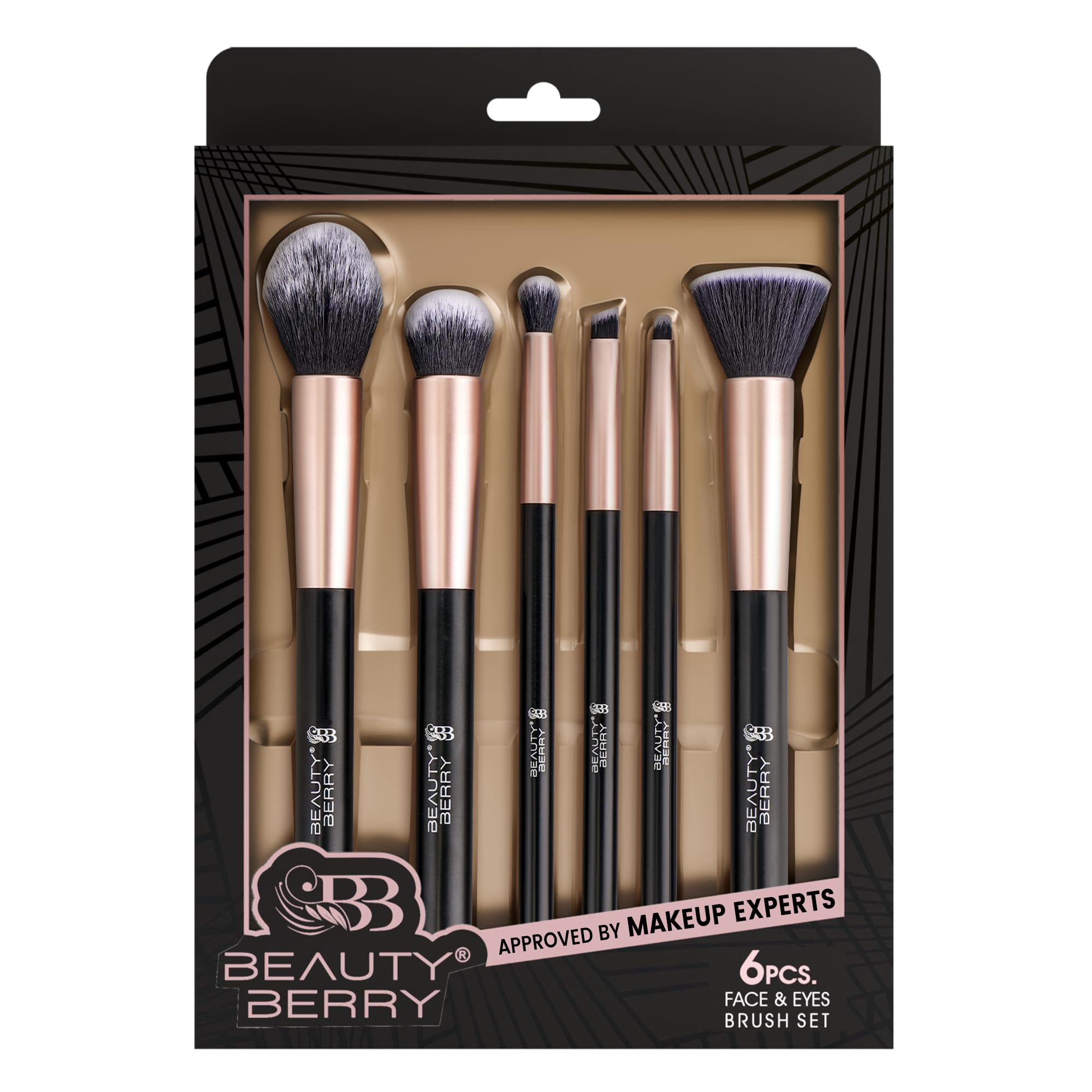 beauty berry pro beauty premium soft bristles face & eye makeup brush set of 6 | easy to hold & precise application | non slip comfortable grip | makeup brushes for cream, liquid & powder formulation