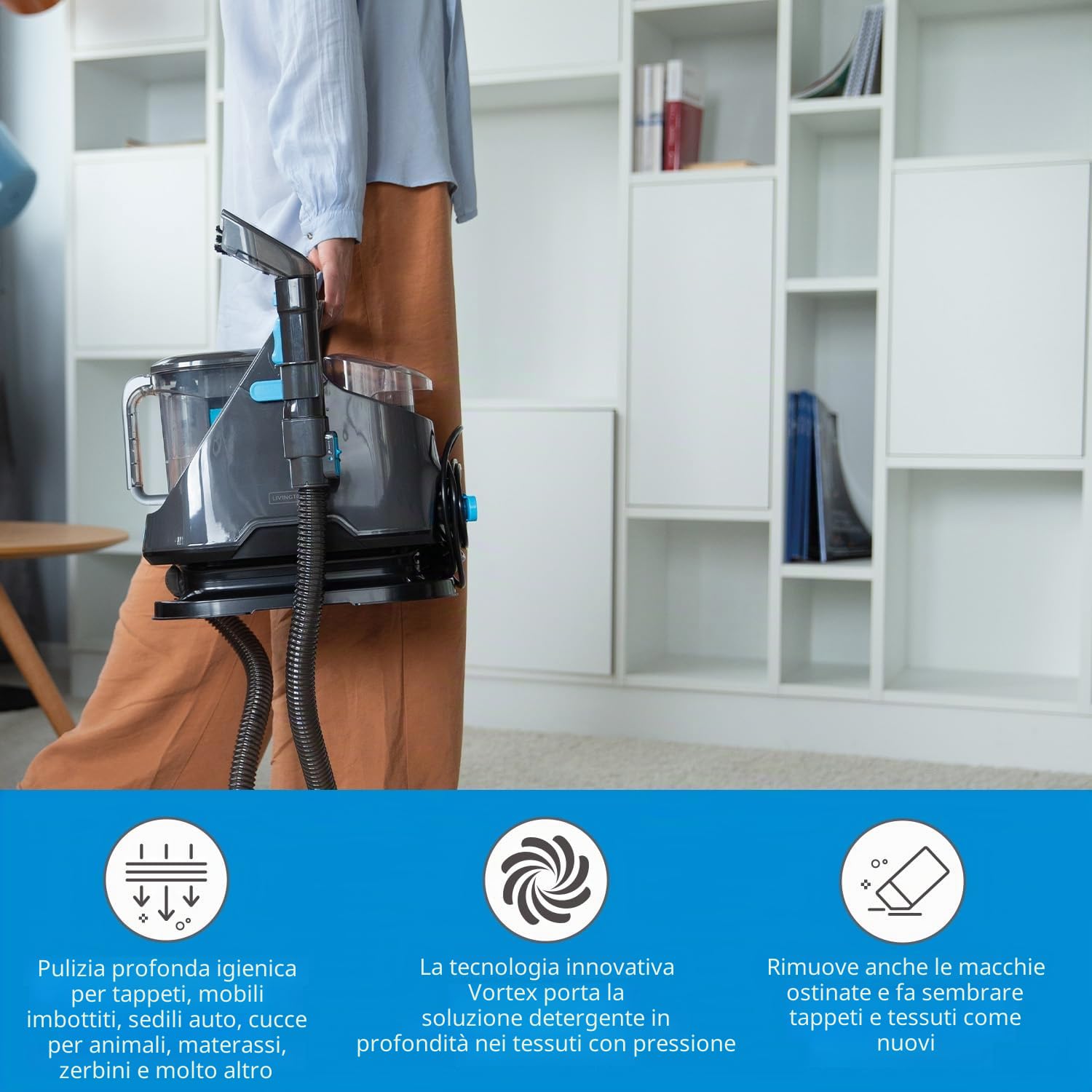Livington SpotBlast – Pulitore macchie per tappeti, divano, tappezzeria e auto – Detergente per tappezzeria con spazzola 3 in 1 – Detergente per tappeti