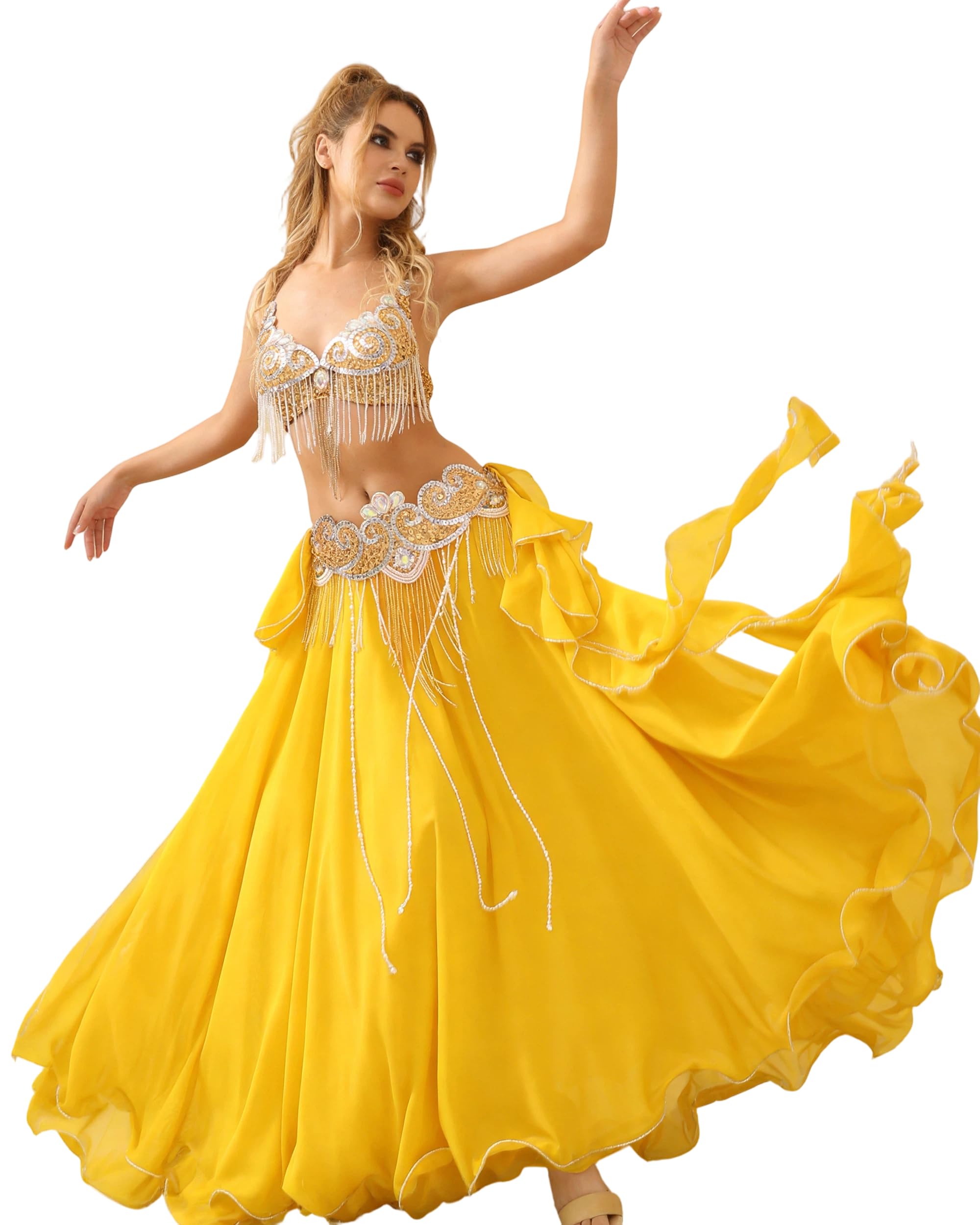 Royal SMEELA Sequin Belly Dance Costume Set - Professional Women's Belly Dancing Outfits Ladies Bellydance Clothes Performance Wear Yellow — image 1