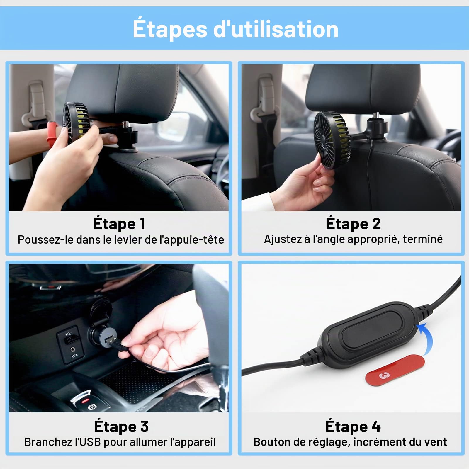 Qidoe Ventilateur USB pour Voiture, Ventilateur Pour Siège Arrière et Enfants avec 3 Vitesses et Rotation 360° Compatible avec Voitures, SUV, Camions, Caravanes, Bateaux, Camping-cars
