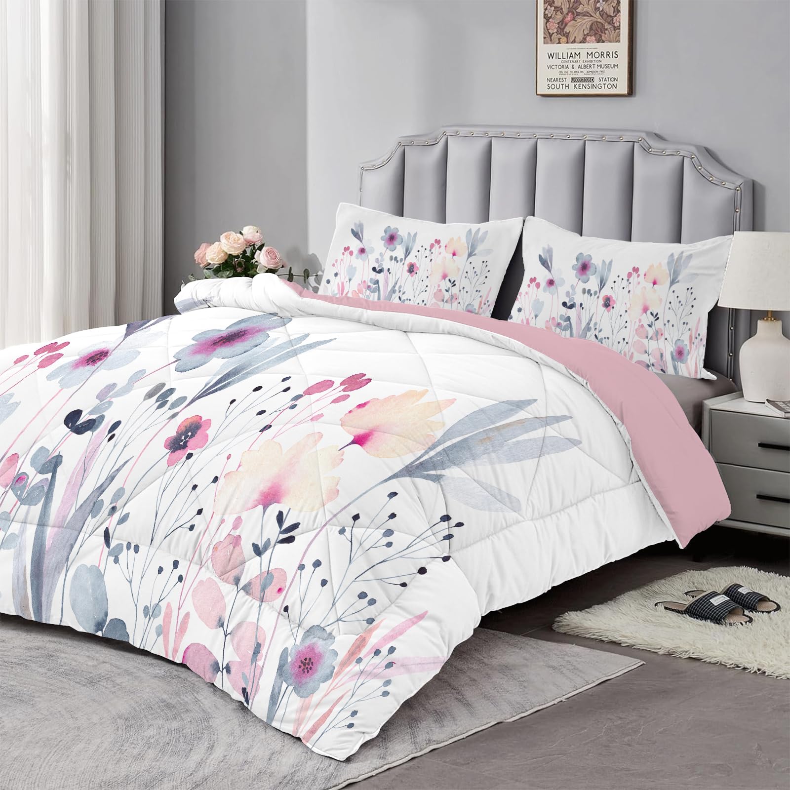 Dyausi Pink King Size Duvet - Coverless 3Pcs Abstract Flowers Pattern - Reversible, Washable Summer Duvet - Hypoallergenic 220X230cm With 2 Pillowcases 50X75cm