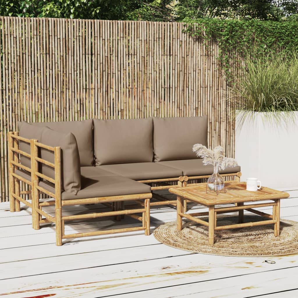 Outdoor Lounge meble ogrodowe na zewnątrz balkon stół i krzesła 5-częściowy zestaw wypoczynkowy ogrodowy z poduszkami, kolor taupe bambus