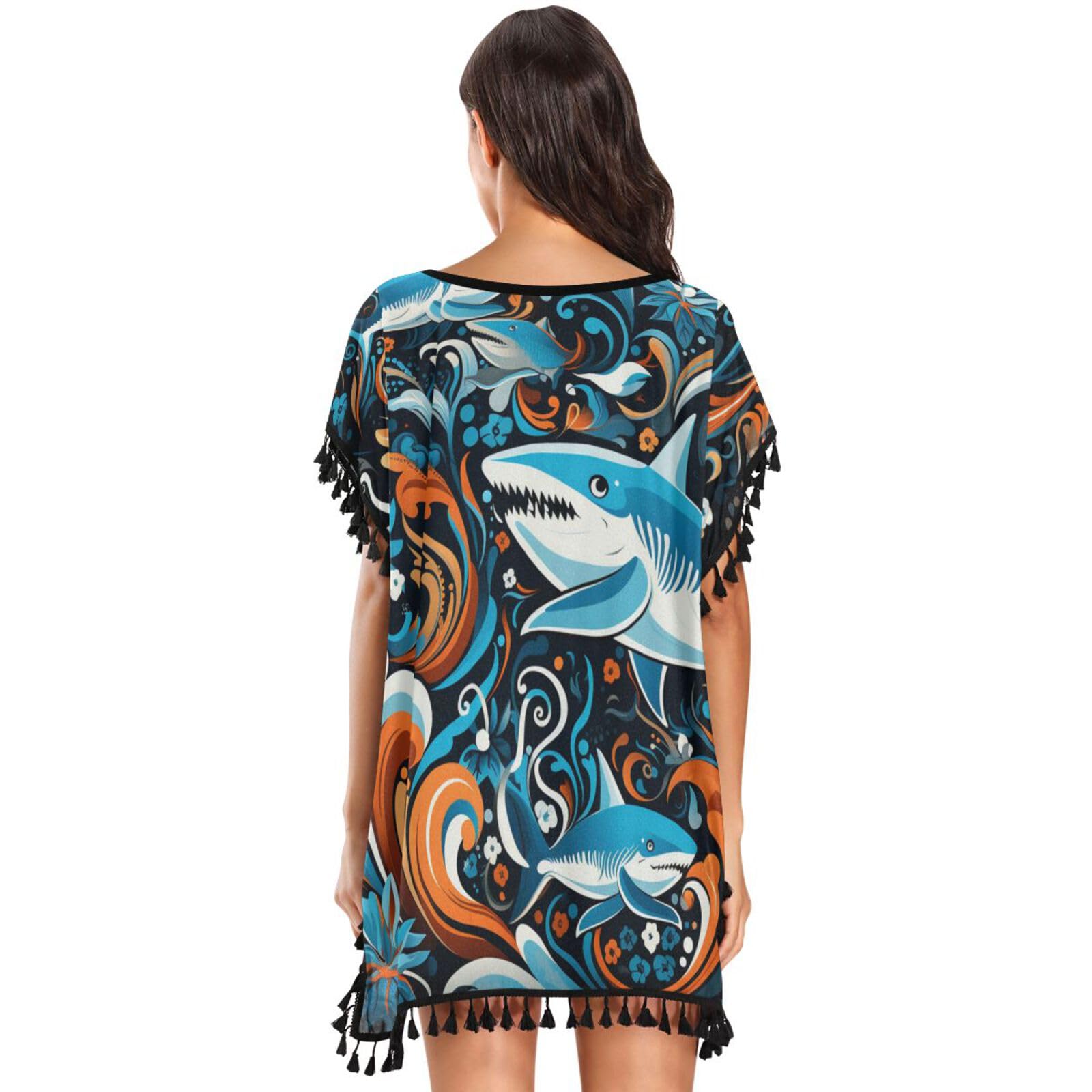 Cute Cartoon Sea Sharks Women's Beach Cover Up Chiffon Tassel Swimwear Swimsuit Coverups for Girl