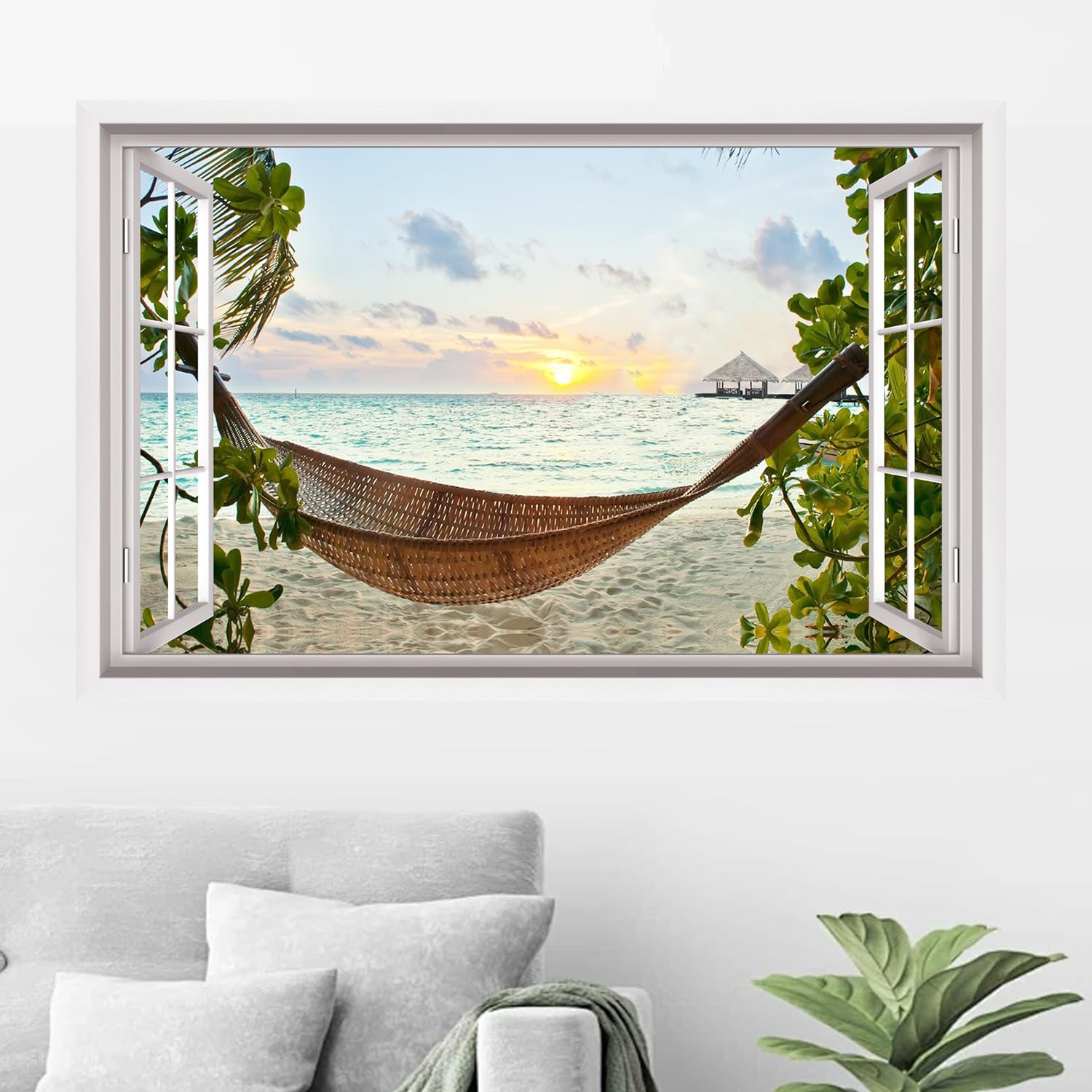 HPNIUB 3d Kaputter Wandaufkleber,90 * 60cm(BxH),Wandtattoo Wohnzimmer Landschaft,Selbstklebend Wandsticker Meer Baum Poster,Vinyl Wandaufkleber Durchbruch Deko für Wohn (Liegestuhl)