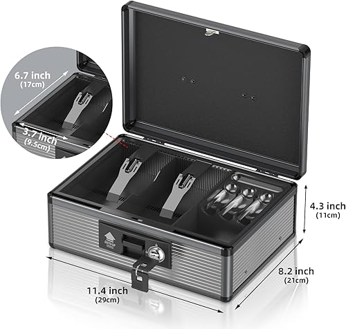 Miniatura 2 de Caja de dinero con cerradura con bandeja de dinero y llave, caja segura para dinero en efectivo, caja de dinero portátil con espacios de