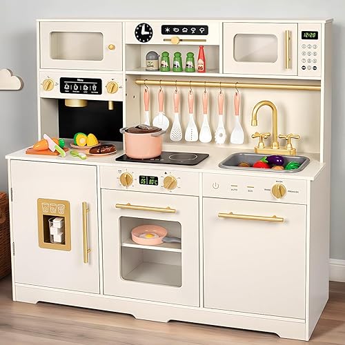 Juego de cocina de madera para niños pequeños, juego de cocina para niños con accesorios, estufa de cocina, fregadero de juegos, comida de juego,