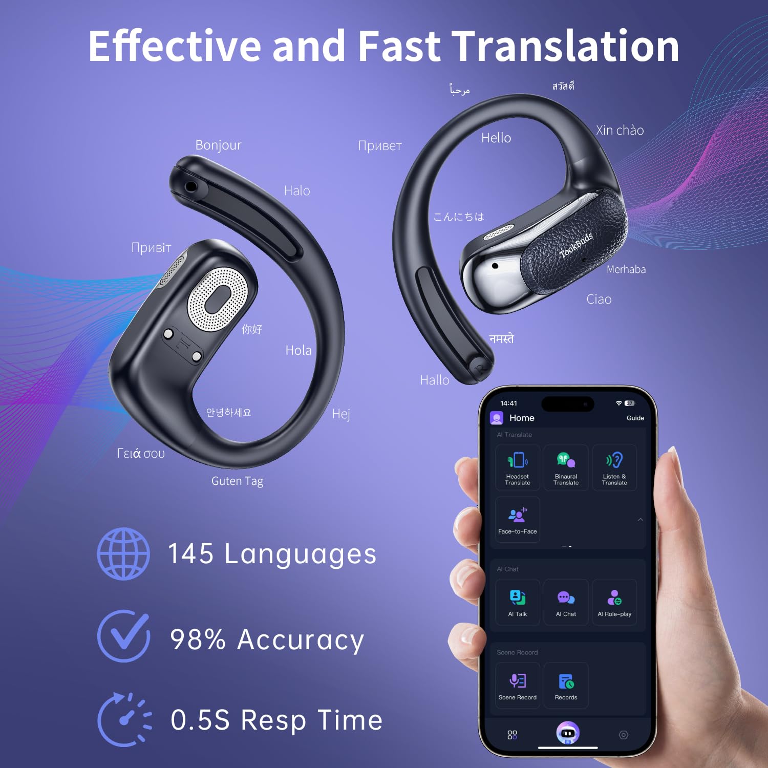 AI Translation Earbuds Real-Time, 3-in-1 Open-Ear Headphones with 145 Languages & Accents, Bluetooth 5.4 Translator Earbuds, 60H Battery, HD Audio, for Travel Business (Midnight Blue)