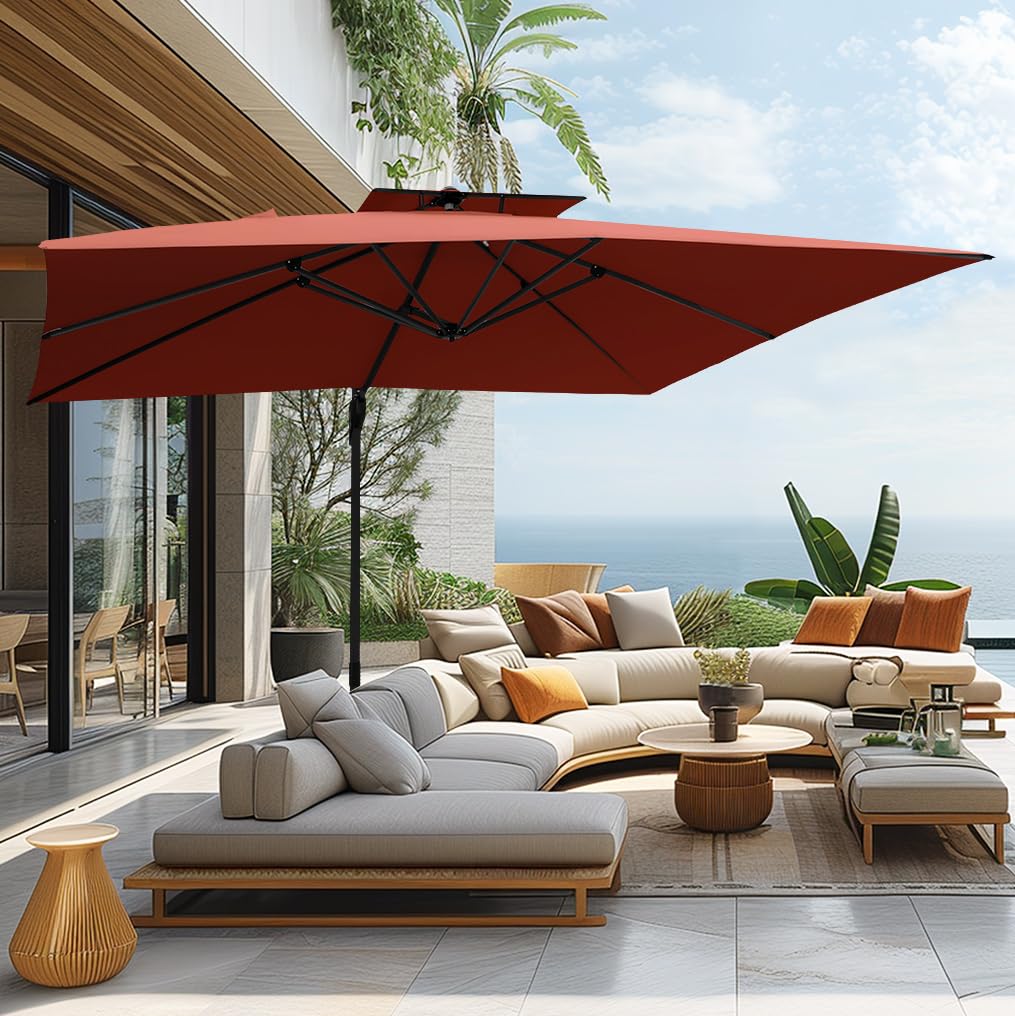 PHI VILLA 9' X 12' Cantilever Patio Umbrella, Outdoor Large Rectangular Umbrellas with 360°Rotation, Heavy Duty Hydraulic Double Umbrella Windproof for Outside, Red