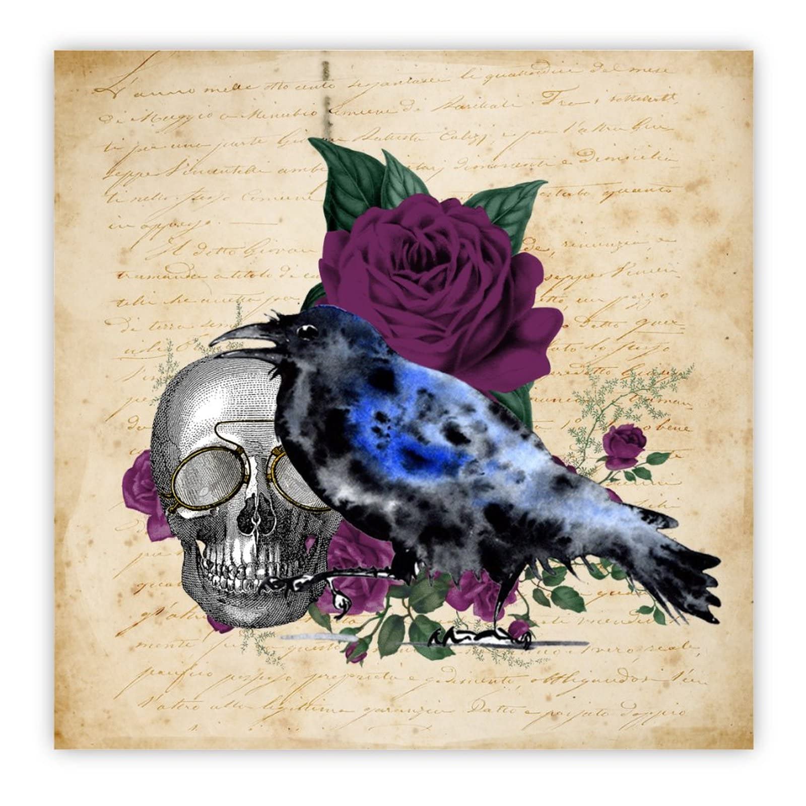 Art mural Halloween Raven on Skull en bois avec fleurs violettes pour maison