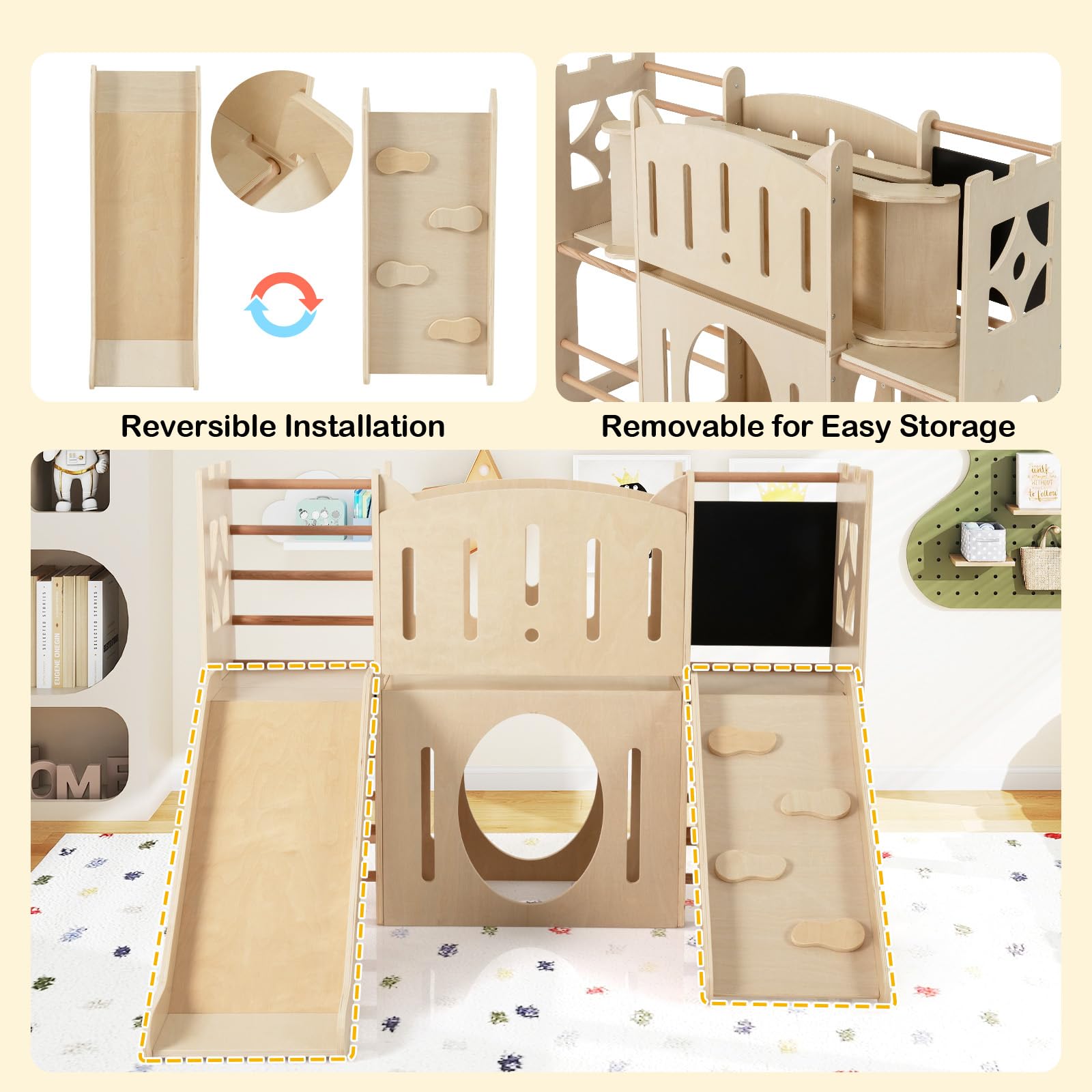 HOMASIS 8 in 1 Klettergerüst Indoor, Holz Kinderrutsche mit Tafel Kletterleiter Tunnel Stauraum, Spielplatz im Burgform, Babyrutsche Rutschenset für Kinder ab 3 Jahren,142x124,5x100cm (Naturfarbe)