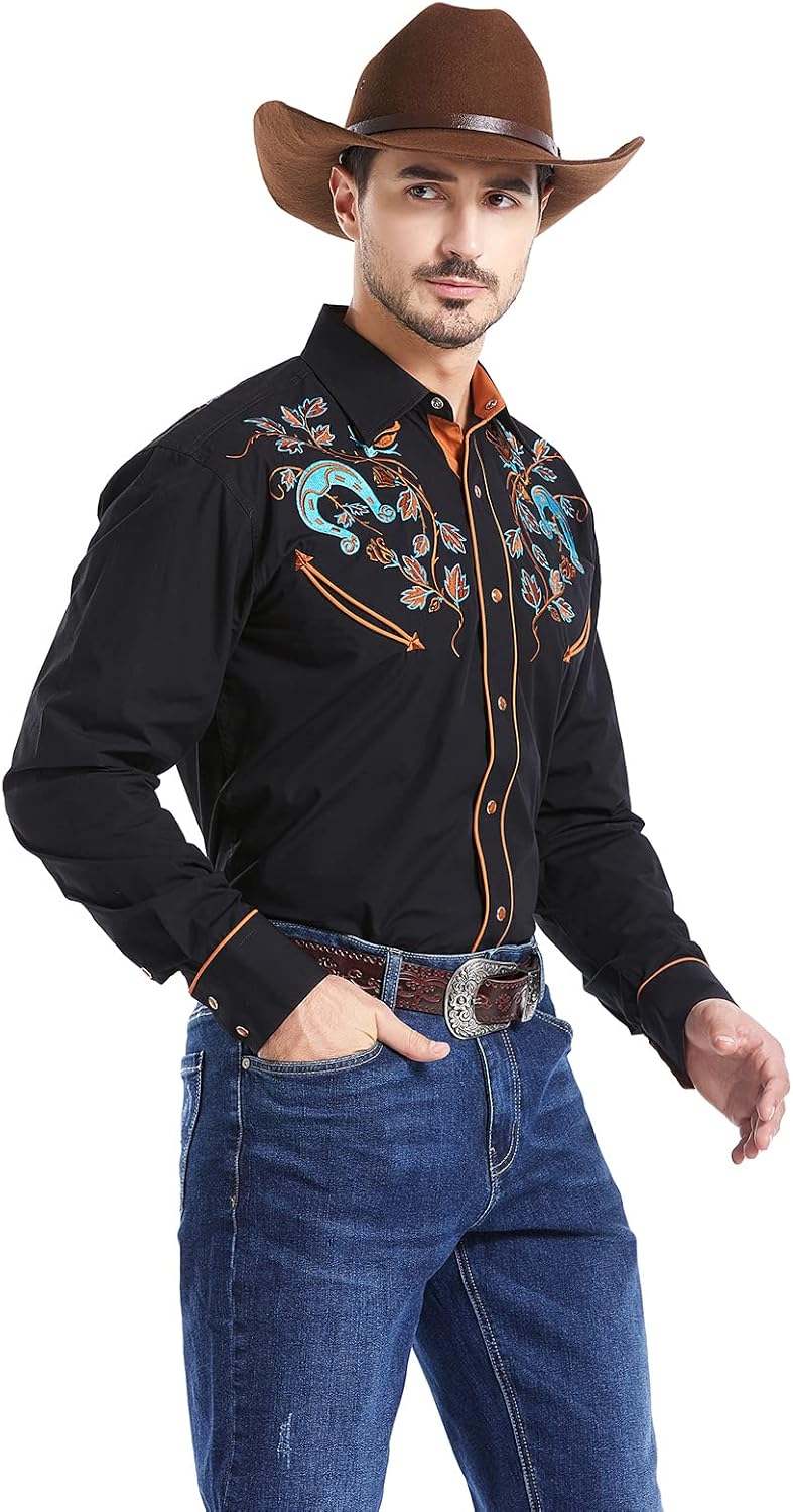 EL PIONERO Men's Floral and Horseshoe Embroidered Long Sleeve Retro Western Cowboy Shirt - Image 2