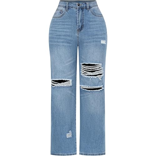 THUNDER STAR Womens High Waisted Wide Leg Jeans Stretchy Distressed Denim Pants