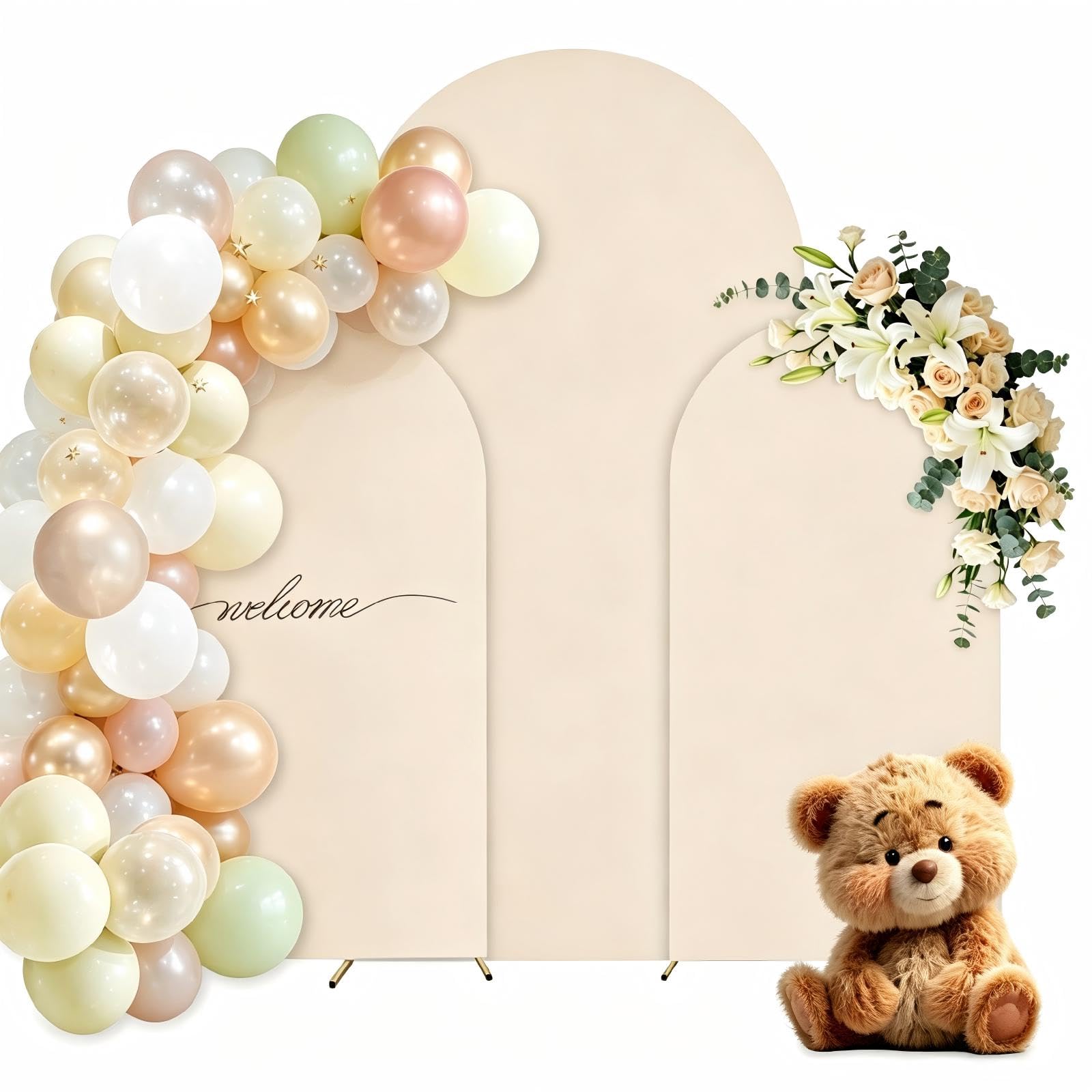 Lot de 3 toiles de fond pour arche de mariage, 1,8/1,5/1,2 m, dessus rond, double face, couverture de cadre pour fête d'anniversaire, cérémonie, banquet (beige)