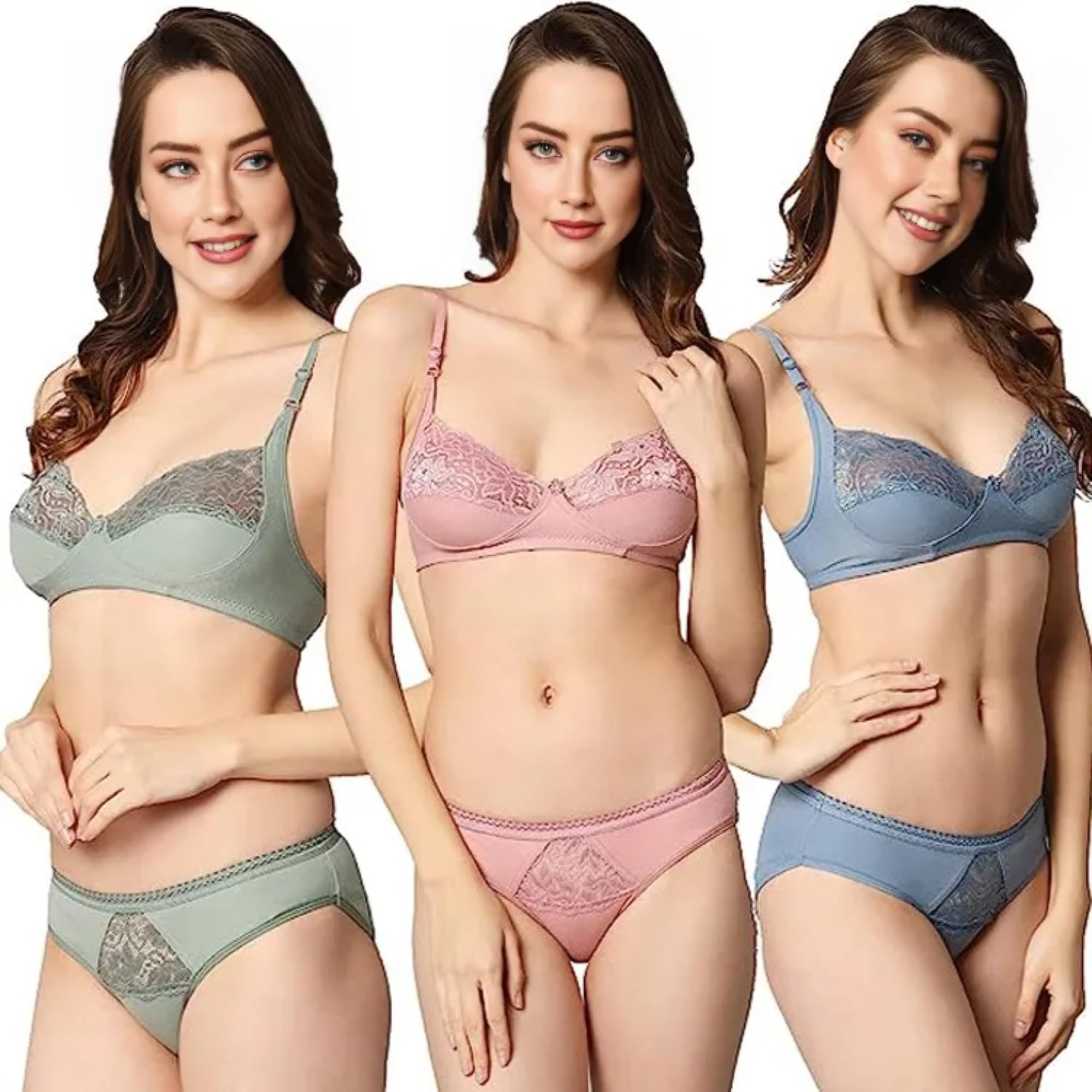 Pack of 3 Lace Bra Panty Set for Women | Stylish Non Padded Non Wired Bra | Soft Stretchable Fabric | Breathable Innerwear | Lightweight Adjustable Straps Combo-image-17