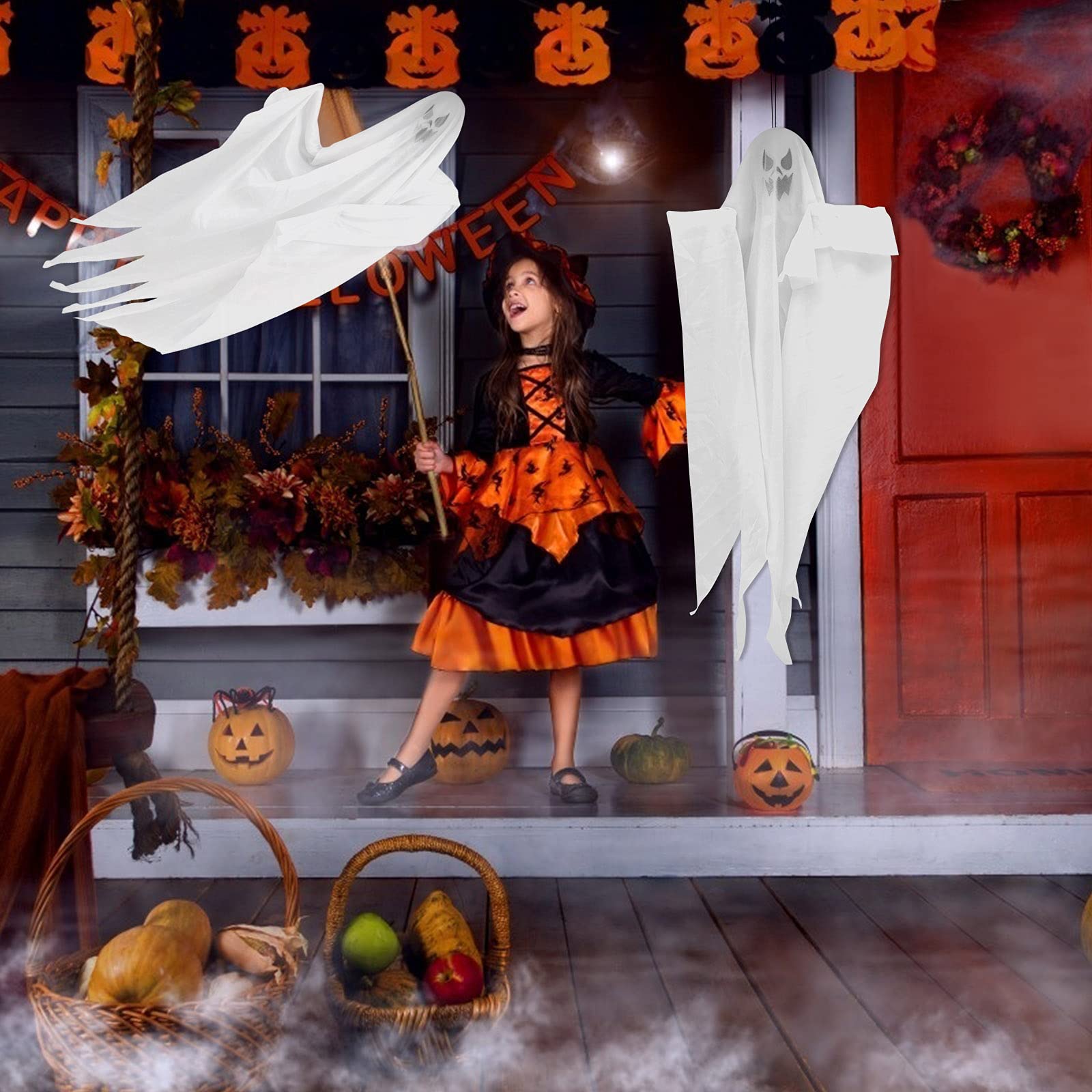 Sqixxca 2Pcs Halloween Outdoor Decorations Ghost Hanging Decor Porch Decor Spooky Decor for Hallowmas Party