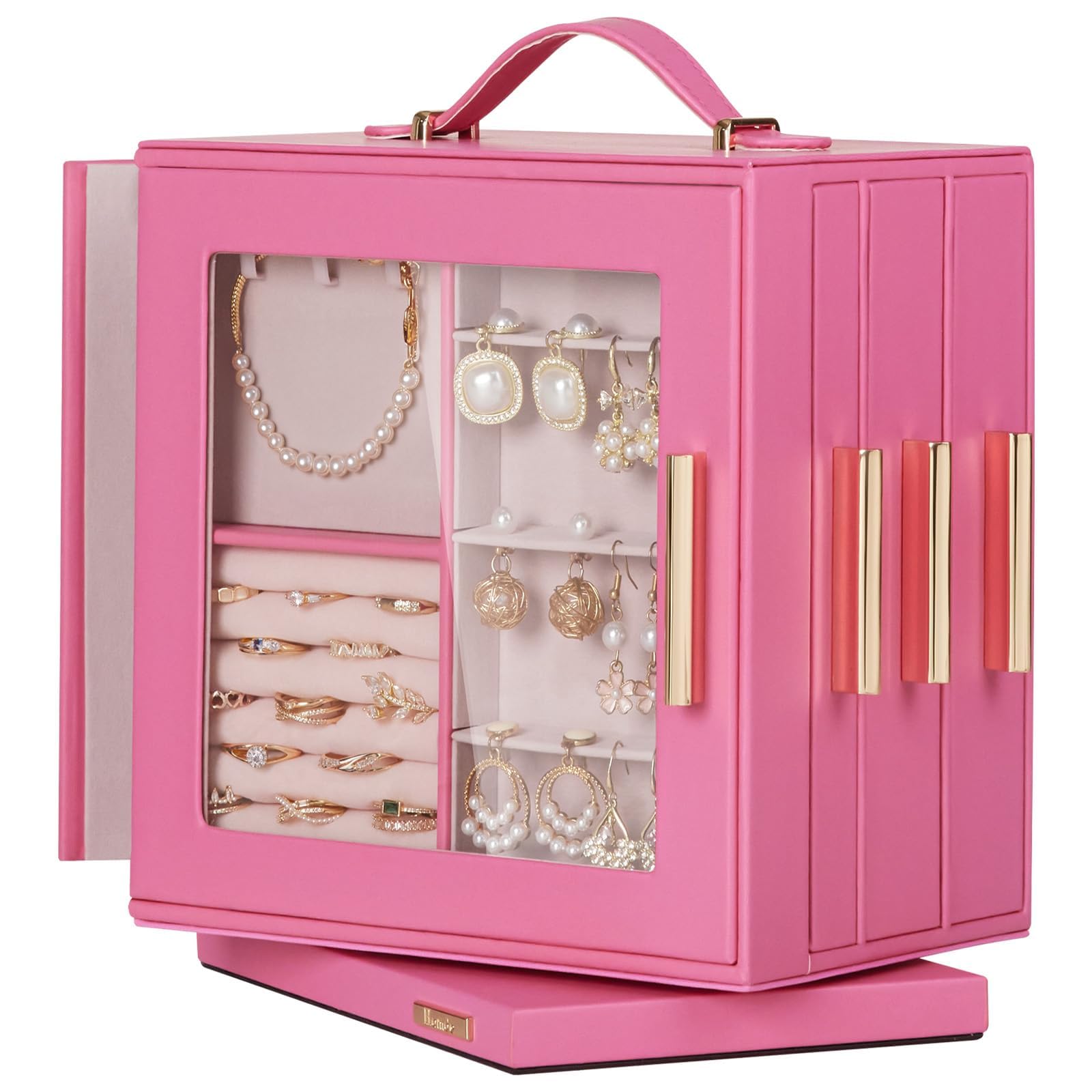 Homde Jewelry Box 360 Rotating Necklace Earring Organizer with Transparent Window Mirror 7 Drawers Large Ring Display Storage