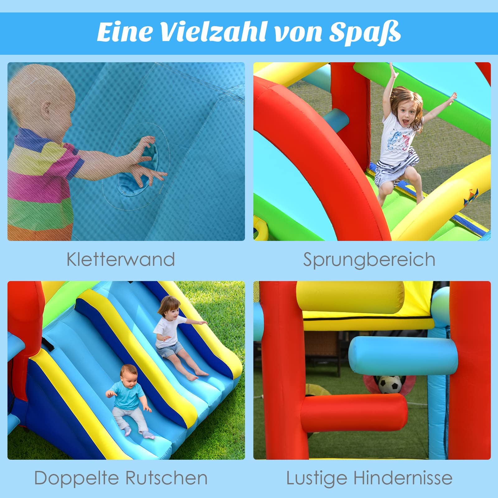 COSTWAY Hüpfburg mit Gebläse, Doppelrutschen, Sprungbereich, Kletterwand, Bällebad, Fußballtor, Basketballkorb, Zielspiel & Ringwurf, Outdoor Hüpfschloss für Kinder, 424 x 300 x 240 cm