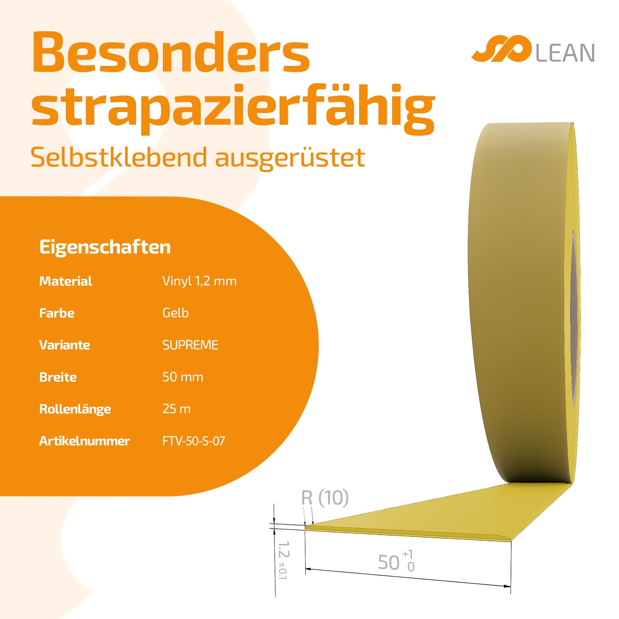 spLEAN INFLOORMA SUPREME Bodenmarkierungsband 25 m, Breite 50 mm, gelb, Markierungsband selbstklebend, für Innenbereich, geeignet für häufigen Staplerverkehr