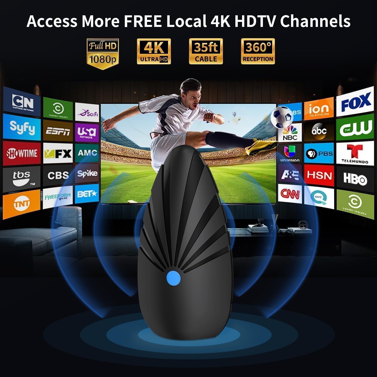 Antenne TV d'intérieur 2026 pour téléviseurs intelligents et anciens, portée de plus de 6 000 kilomètres, antenne TV numérique HD la plus forte, support extérieur 4K 1080p VHF UHF, réception longue
