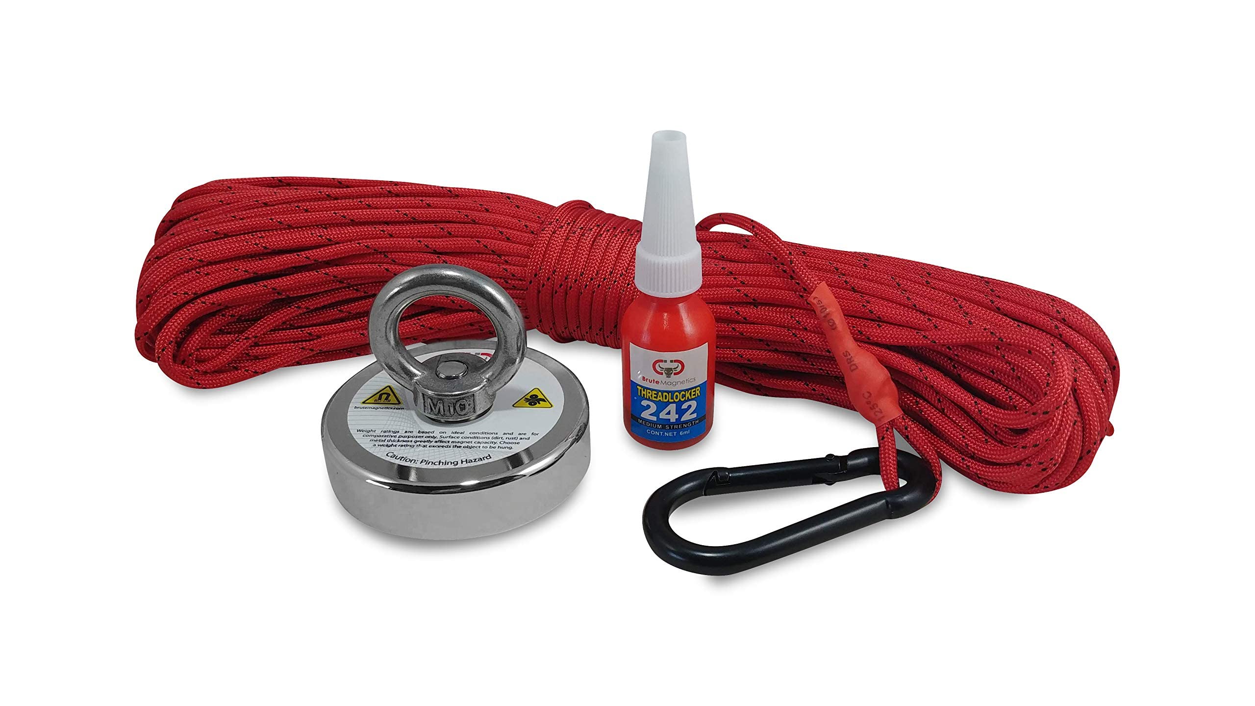 Brute Magnetics575 lb Magnet Fishing Bundle, Includes 2.95" Single Sided Rare Earth Neodymium Magnet, 100ft Nylon Paracord with Carabiner, and Threadlocker