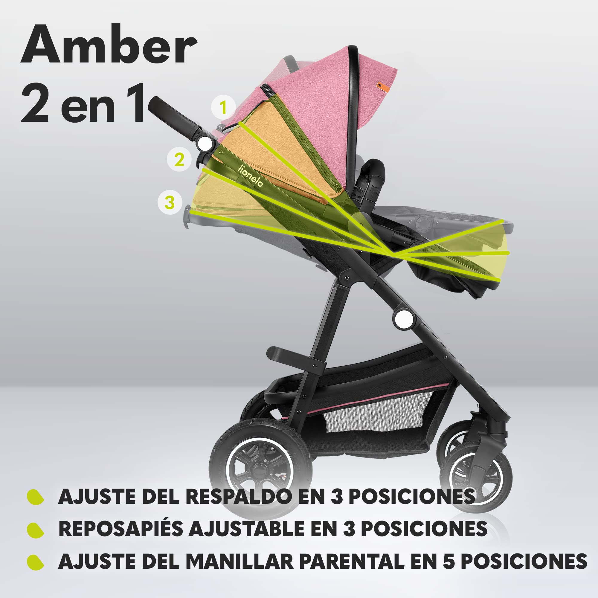 LIONELO Amber Coche de bebé multifuncional 2 en 1 Conjunto silla de paseo con el Asiento de Cubo e Capazo Manillar regulable Bolsa Mosquitero Protector de lluvia | Manillar regulable, bolsa, mosquitera y protector de lluvia incluidos
