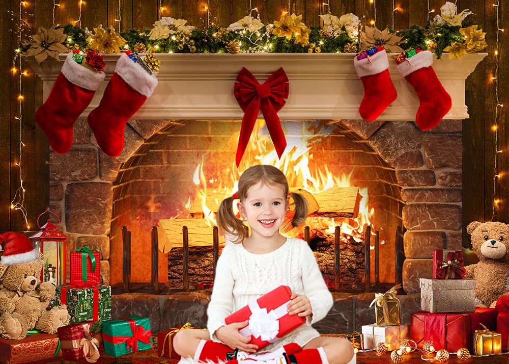 Avezano Sfondo natalizio per caminetto fotografico, decorazione natalizia con mattoni rossi, decorazione per feste in famiglia, accessori per cabina fotografica (3 x 2,1 m)