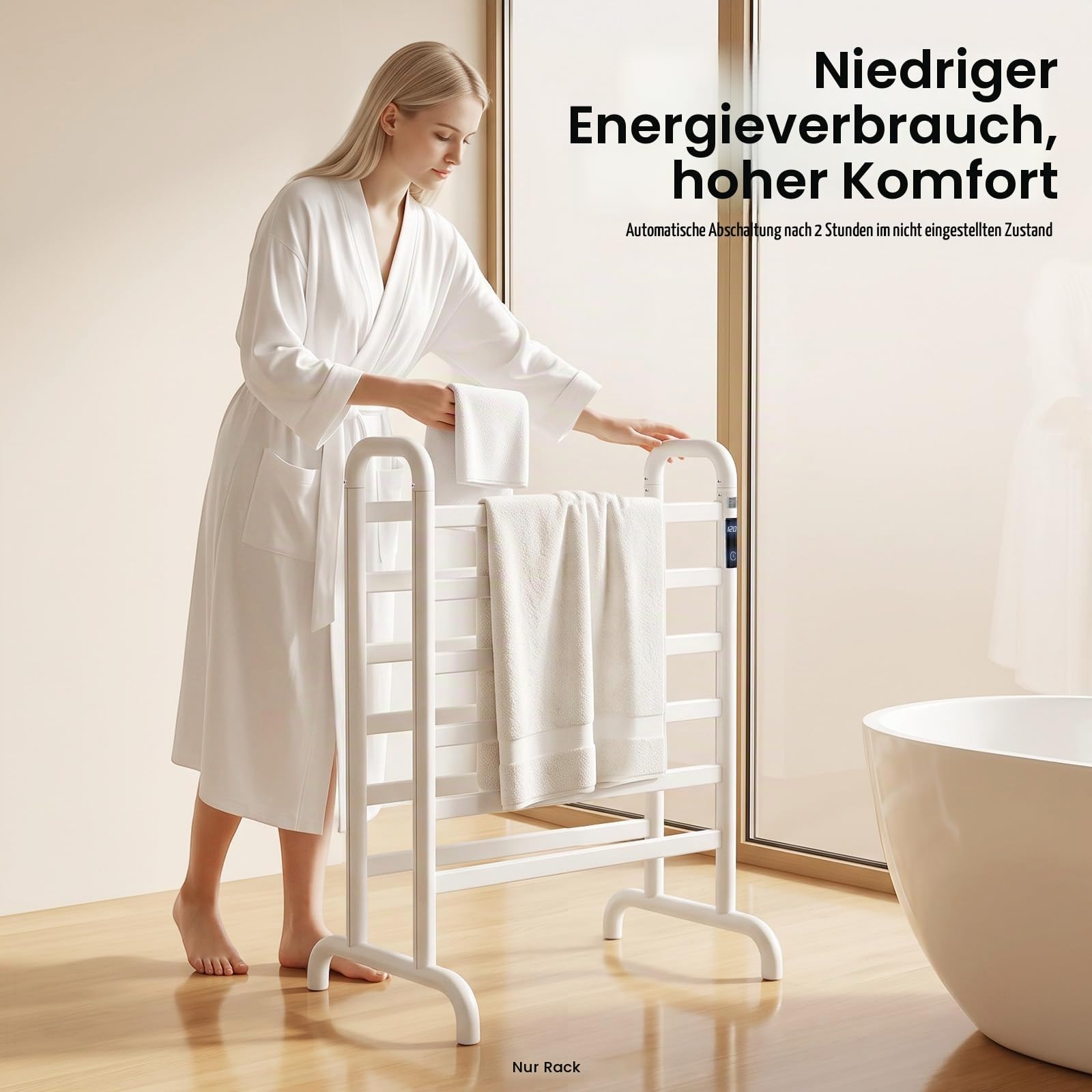 Handtuchheizkörper Elektrisch Handtuchhalter ohne Bohren 1-24h Timer, 45-60°C 180W Weiß Doppelstöckig Freistehend Handtuchwärmer für Bad bis 30kg 60 * 43 * 90.5cm