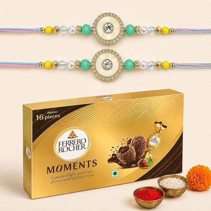 Gifticon Rakhi Set for Brother Bundled with Moments Chocolate Complete Rakshabandhan Gift Box with Chocolate Pack | Greeting Card | Roli | Chawal | Premium Rakhi Gifting Set with 2 Green Color AD Rakhi