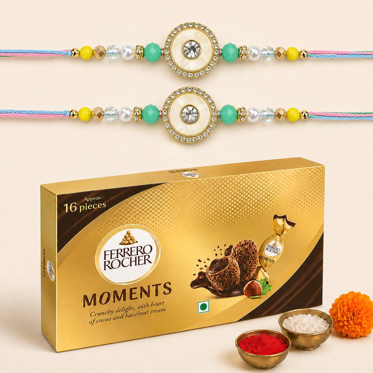 Gifticon Rakhi Set for Brother Bundled with Moments Chocolate Complete Rakshabandhan Gift Box with Chocolate Pack | Greeting Card | Roli | Chawal | Premium Rakhi Gifting Set with 2 Green Color AD Rakhi