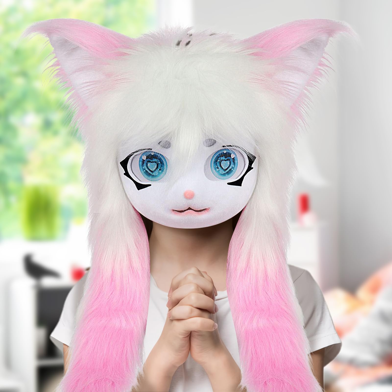Cabezas peludas de cosplay – Máscara de cabeza completa de gato de 60 x 40 cm, disfraz de pelo largo de felpa, traje de animales de ojos grandes, fiesta de Halloween, teatro, cosplay, espectáculos de