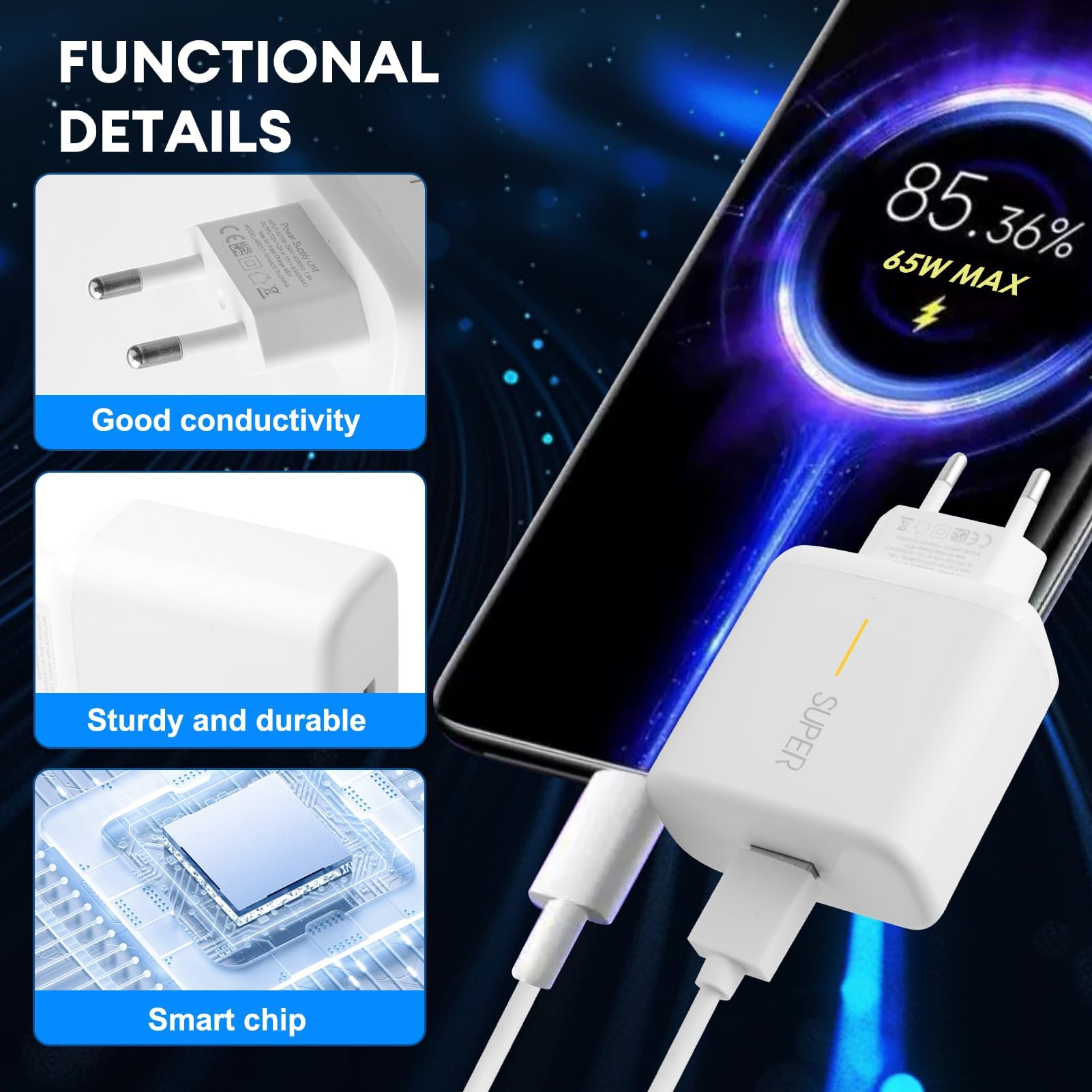 65W Caricatore usb con Cavo USB C 1 per SUPER VOOC Charge,Caricatore