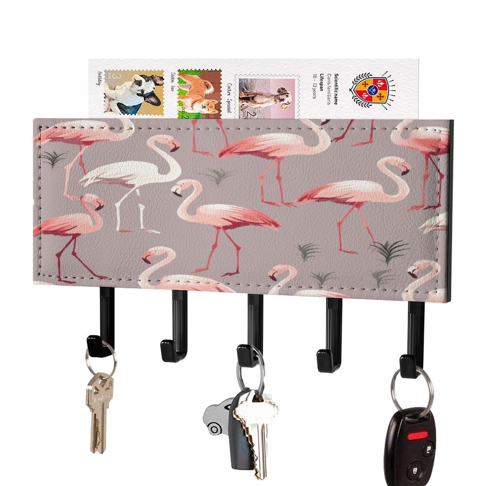 FekiLoot Pink Flamingo Pattern Key Holder for Wall Decorative Mail Organizer with 5 Key Hook Self Adhesive Key Rack with Tray Coat Rack Wall Mount Key Hanger Decor for Entryway Door