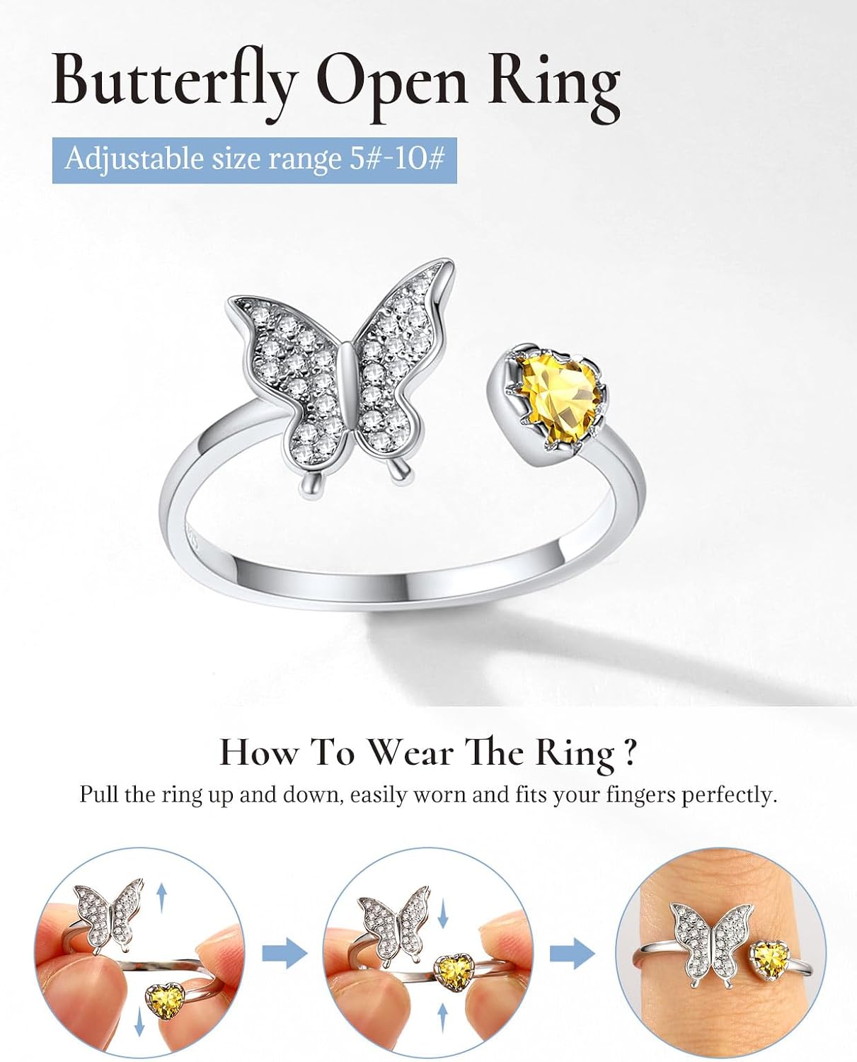 SILVERCUTE Butterfly Rings for Women - 925 Sterling Silver Birthstone Ring Women Jan-Dec Adjustable Ring with Cubic Zirconia Cute Butterfly Jewelry