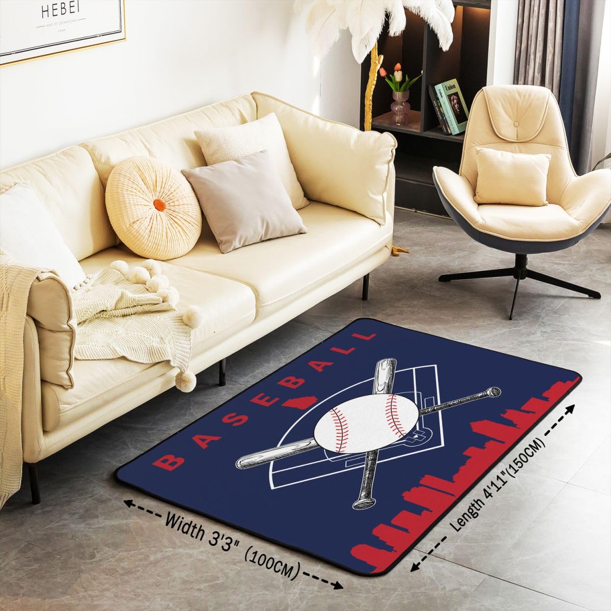 Homewish Chłopięcy dywan baseballowy 100 x 150 cm do sypialni salonu - gry w piłkę chłopcy nowoczesny dywan podłogowy gra sportowa duże dywany sylwetka miasta niegubi dywan granatowy