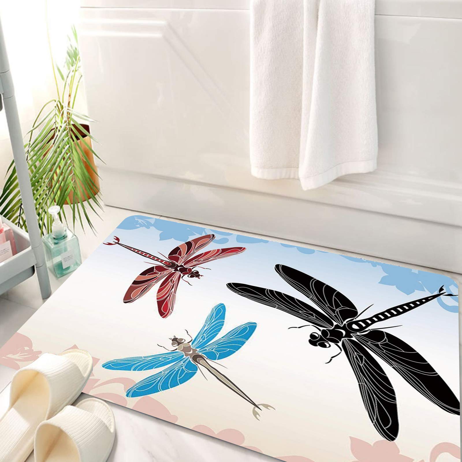 Badematte Libellen-Blumenmuster - Saugstark & Rutschfest Mit Memory-Schaum | Vintage Design 50,8x81,3 Cm