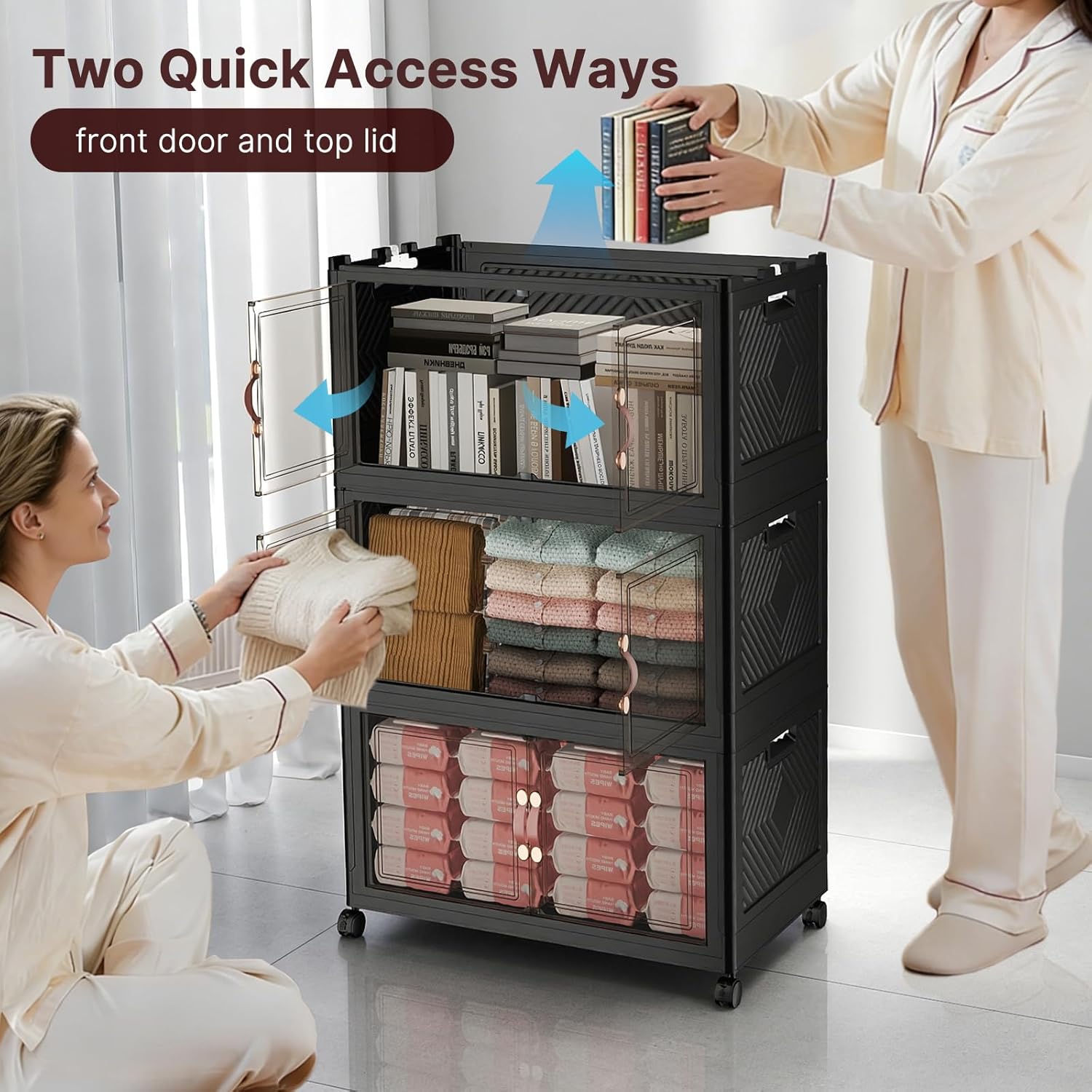 Extra Large Stackable Storage Bins, 640QT Lockable Storage Bins with Lids, Folding Storage box with Doors & Wheels, Collapsible Plastic Drawers for Home, Garage, Office (4, Black, Extra Large)