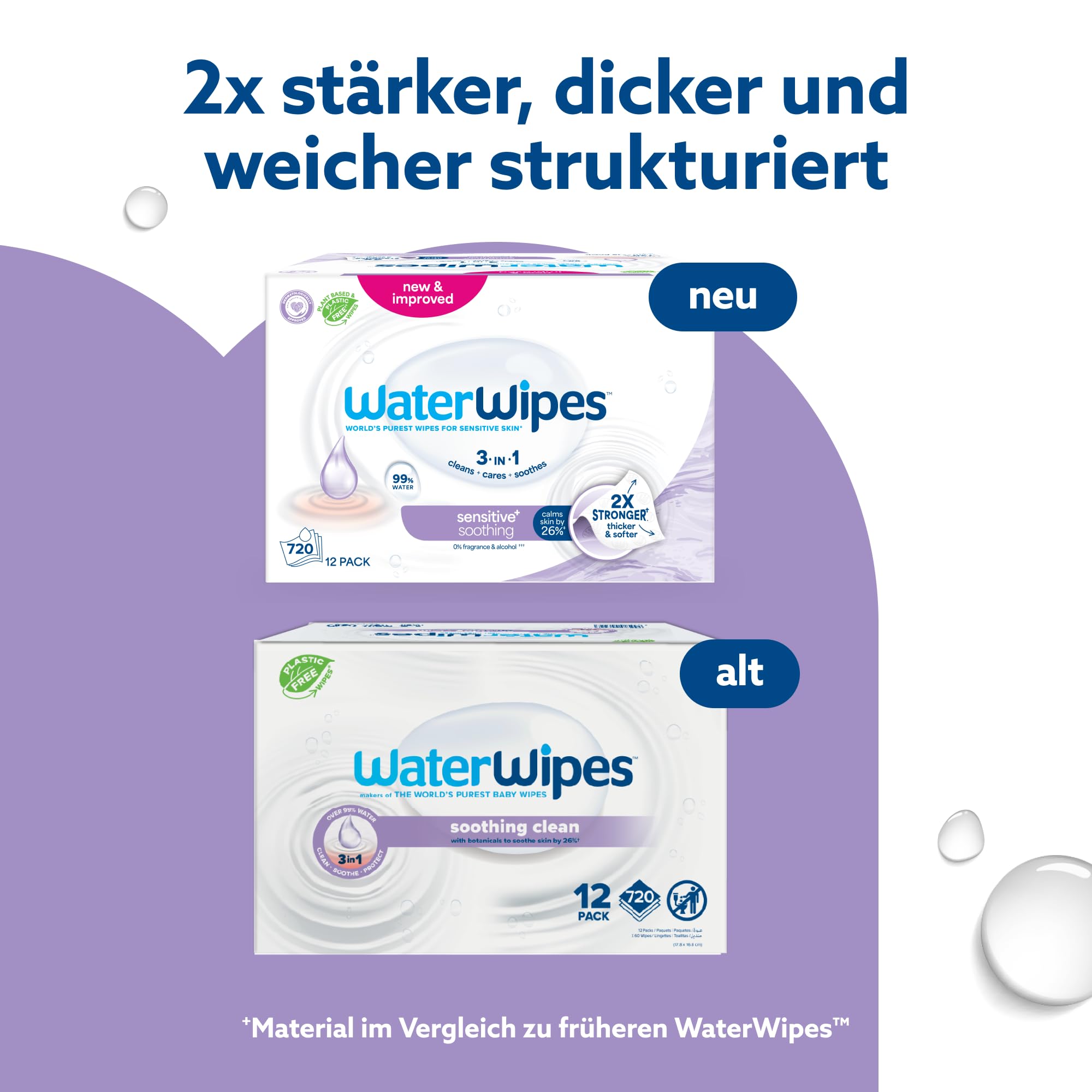 WaterWipes Sensitive+ Soothing Clean Wipes, Beruhigende Tücher, 720 Stück (12 Packungen), 3-in-1-Reinigung, Pflege, Beruhigung, 99% Wasser mit Pflanzenextrakt, parfümfreie Babyfeuchttücher
