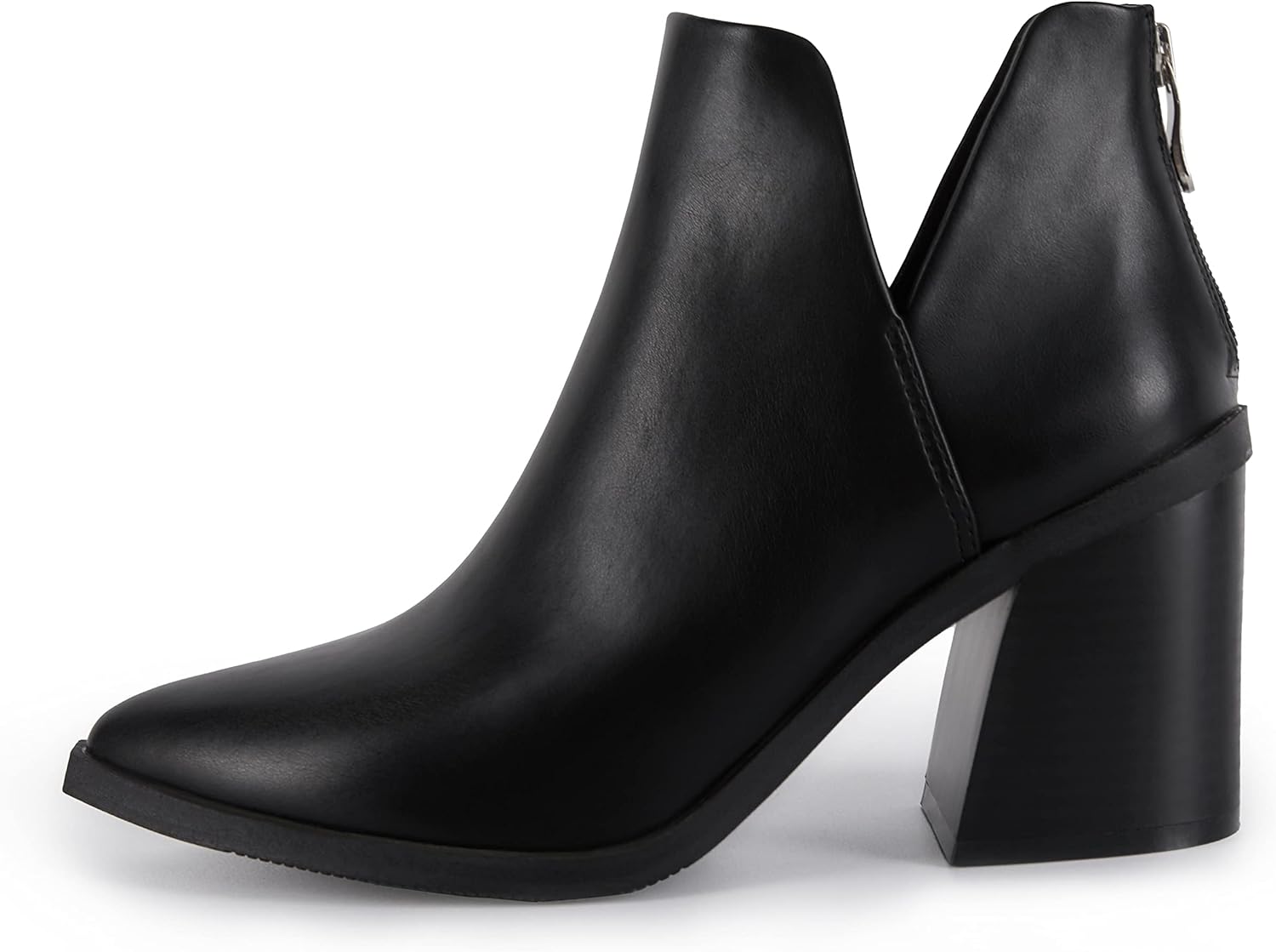 Kathemoi Womens Slip on Ankle Boots V Cutout Pointed Toe Chunky Stacked Mid Heel Booties - Image 3