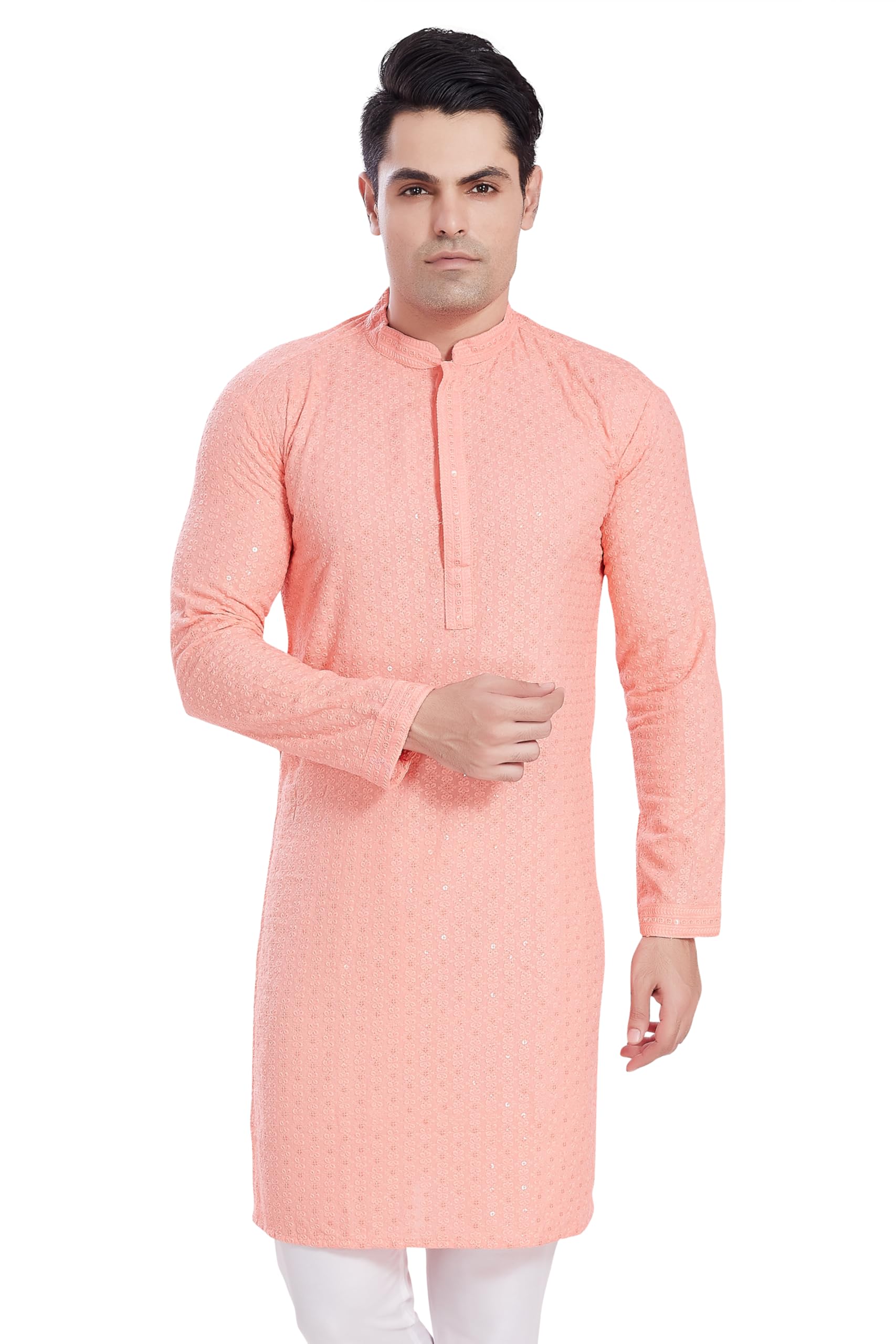 Divisive Men's Sequince Embroidered Cotton Blend Only Slim Fit Kurta (Dkrt513_L_Peach)