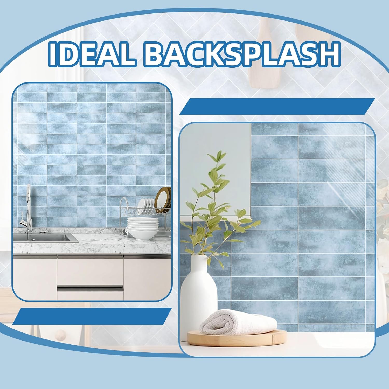 30 PCS Peel and Stick Backsplash for Kitchen - Glossy Subway Tile - 3"x 9" Self-Adhesive Stick on Wall Tile, Hard SPC Imitation Stone Glazed Mosaic (Light Blue, 3" x 9" x 0.12")